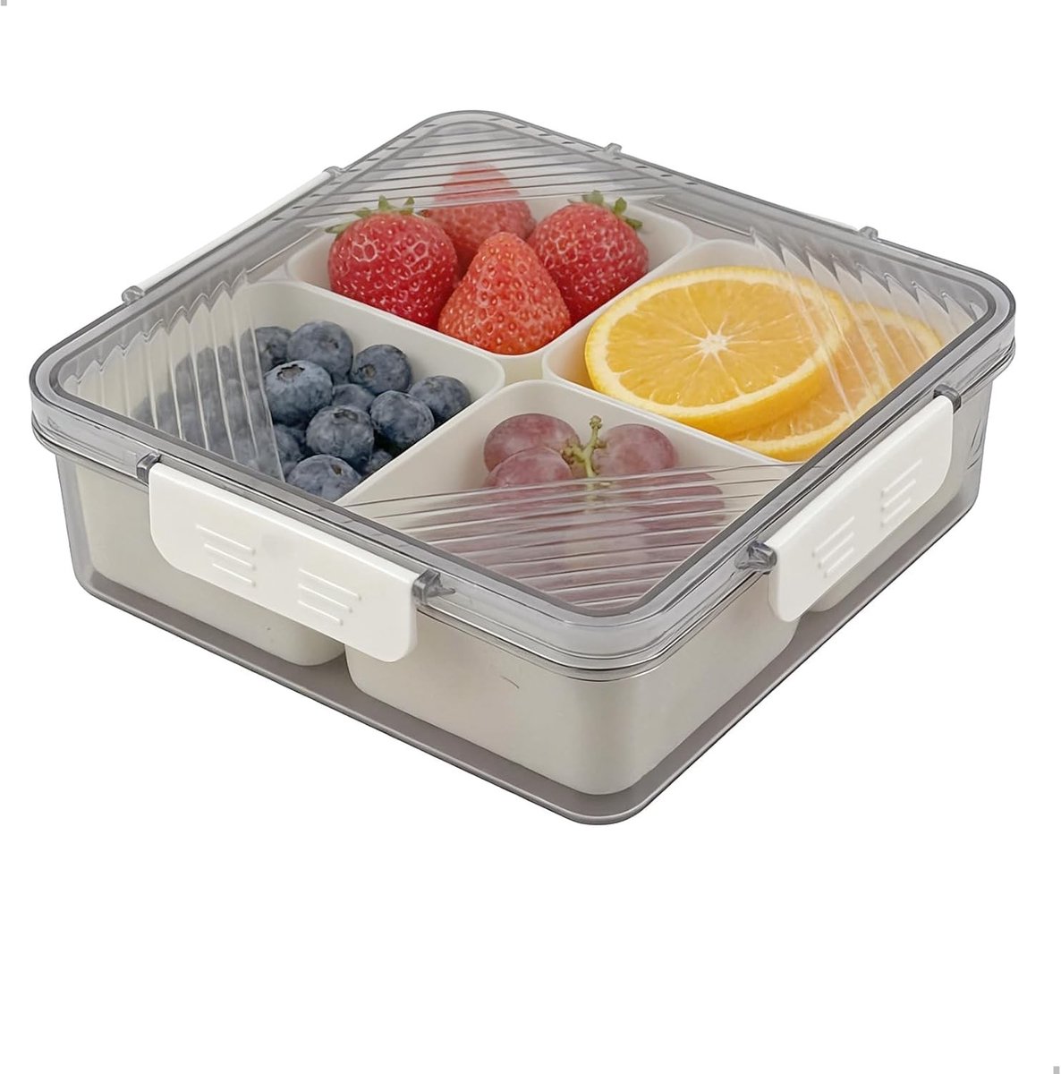 Snackbox met 4 Vakken - Transparant - 28 x 21 x 6,5 cm - Draagbaar en Herbruikbaar - Voor Snacks en Groenten