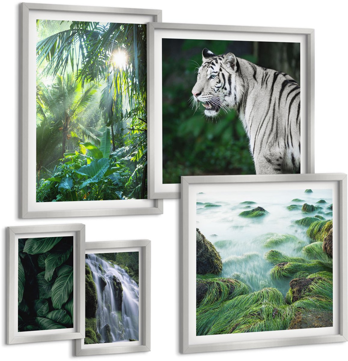 TULUP 4-Delige Schilderij Set - Tropische natuur met wilde dieren en watervallen - 50 x 50 cm, 20 x 30 cm en 40 x 60 cm - Decoratieve Muurdecoratie - Slaapkamer - Stijlvolle Muurdecoratie Zilveren lijst