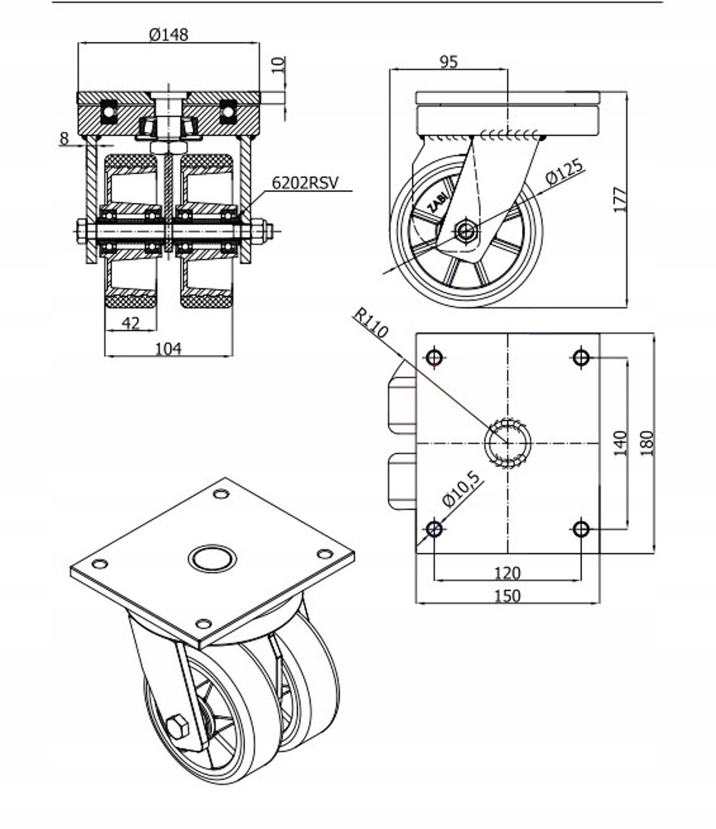 Aluminium-Polyurethaan Zwenkwiel 125mm, 600kg, Gelaste Behuizing