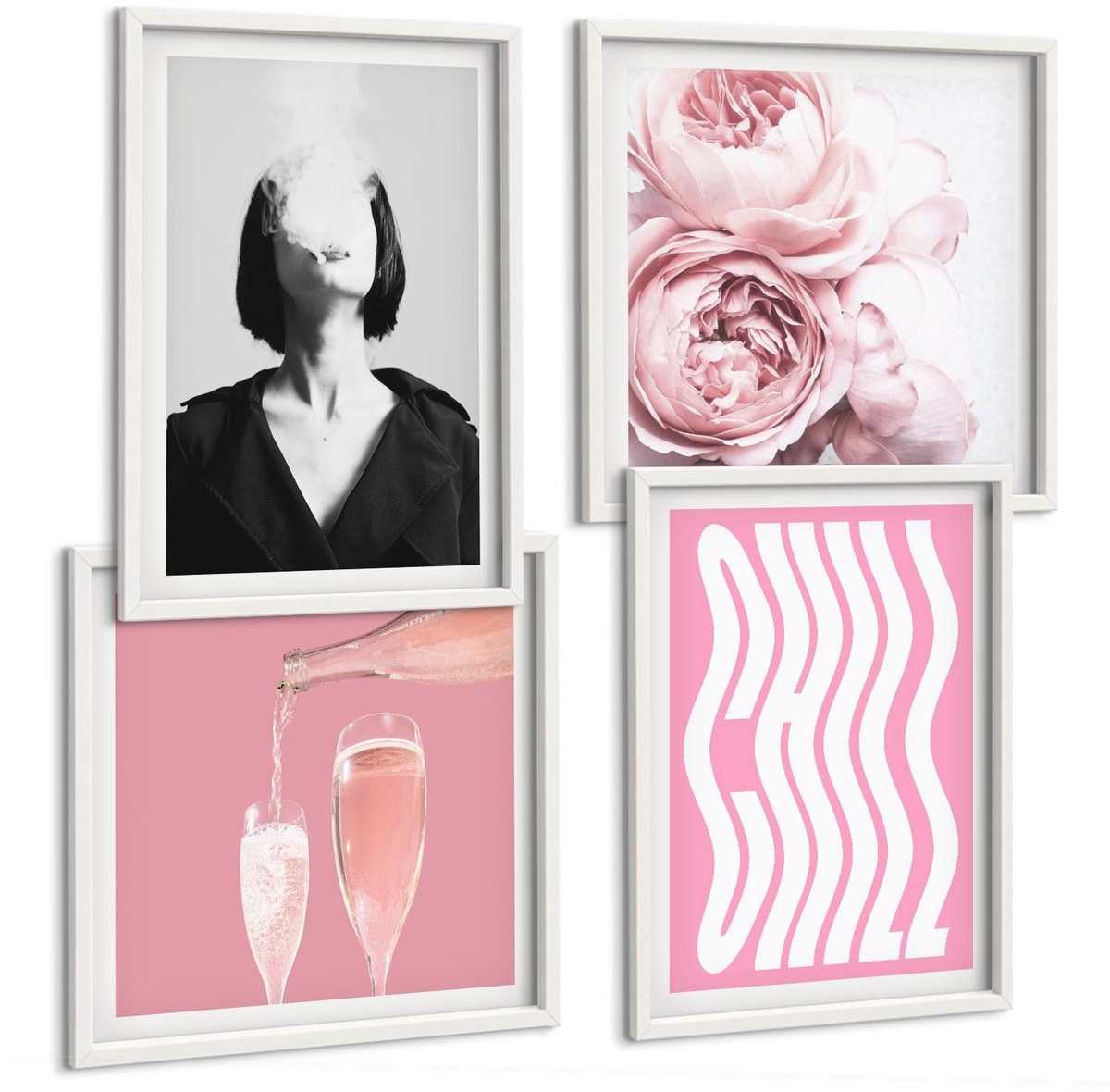Tulup 4-Delige Schilderij Set - Stijlvol portret van een vrouw met champagne en rozen, ontspanning. - 40x40 en 40x60 - Wanddecoratie - Woonkamer Decoratie - Muurdecoratie