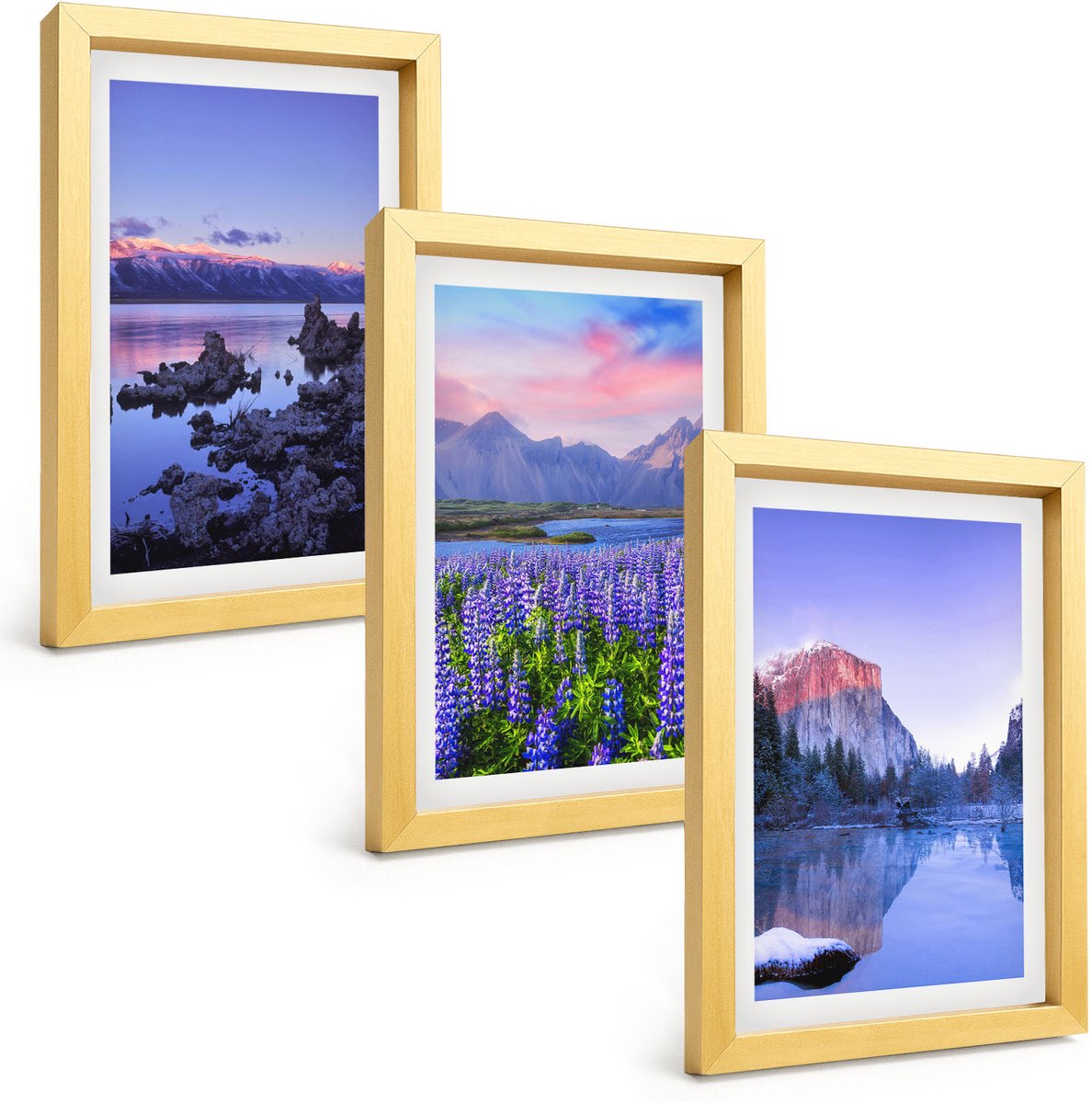 TULUP 4-Delige Schilderij Set - Berglandschappen met water, lucht en bloemenvelden - 20 x 30 cm - Muurdecoratie - Wanddecoratie - Slaapkamer Gouden lijst