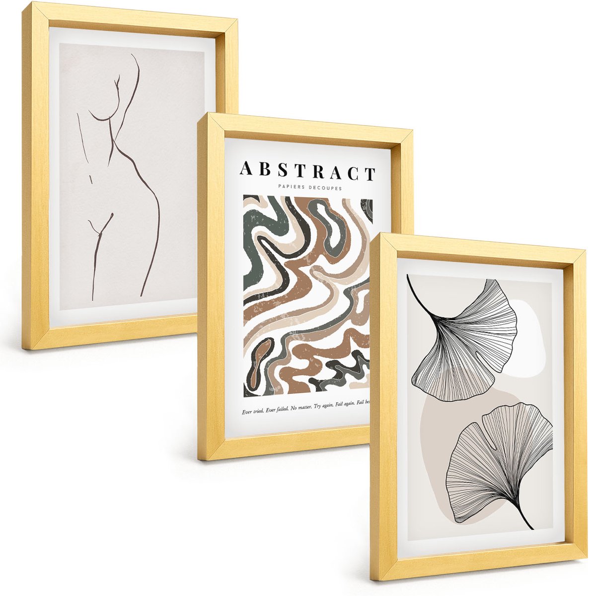 TULUP 4-Delige Schilderij Set - Abstracte poster met vrouwelijke vormen en bladeren in boho-stijl. - 20 x 30 cm - Wanddecoratie - Woonkamer Decoratie Gouden lijst