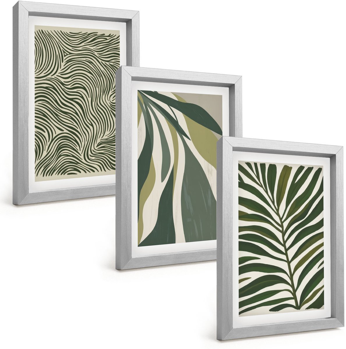 Tulup 4-Delige Schilderij Set - Bladpatronen en golvende lijnen in groene tinten - 20 x 30 cm - Muurdecoratie - Wanddecoratie - Slaapkamer - Decoratieve Schilderijen