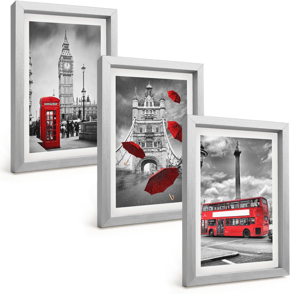 Tulup 4-Delige Schilderij Set - Uitzicht op Londen met een rode paraplu en een bus. - 20 x 30 cm - Wanddecoratie - Muurdecoratie - Moderne Interieurdecoratie - Moderne Wanddecoratie
