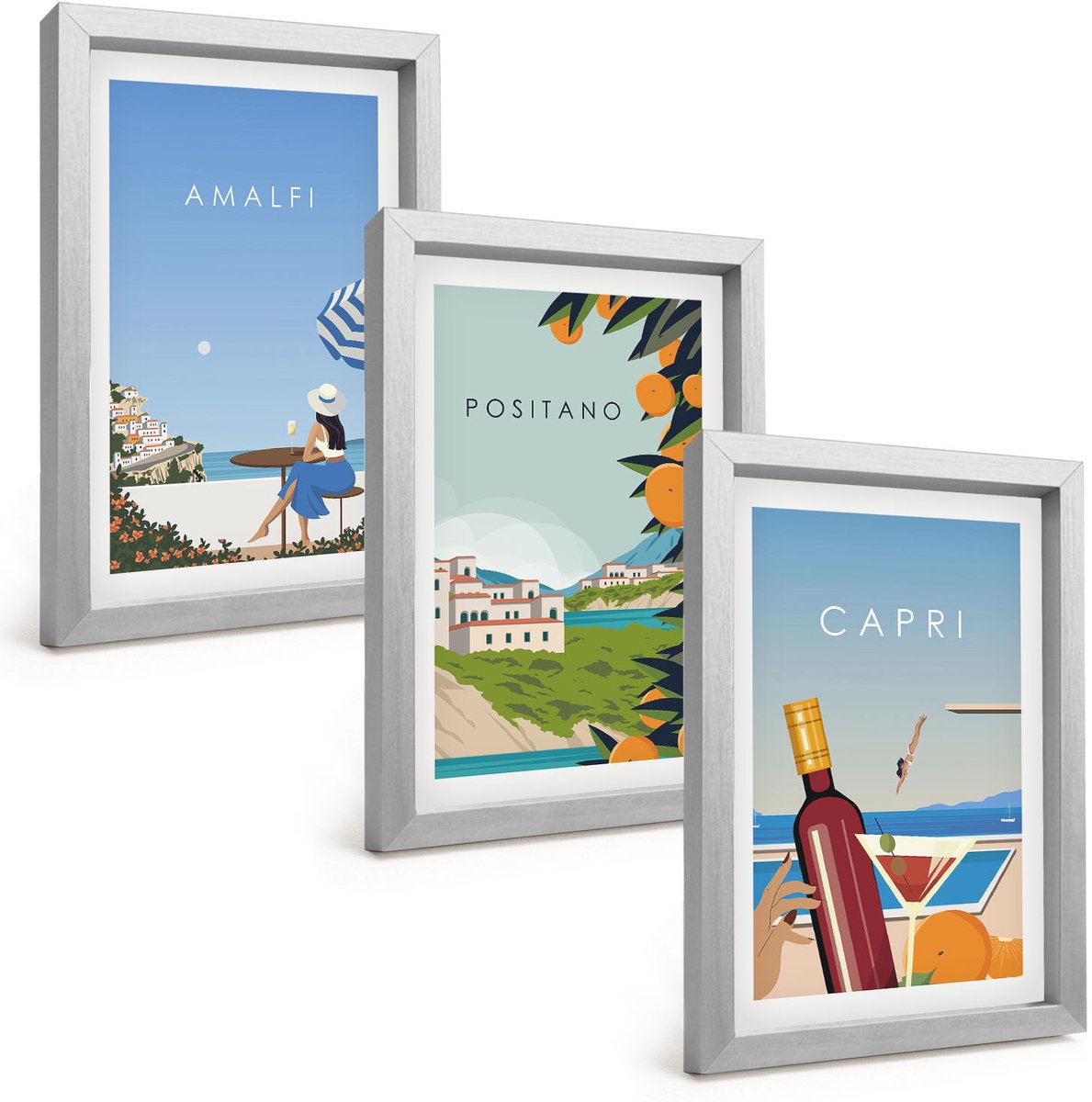 Tulup 4-Delige Schilderij Set - Vakantiegezichten Amalfi Positano en Capri - 20 x 30 cm - Wanddecoratie - Moderne Interieurdecoratie - Stijlvolle Muurdecoratie