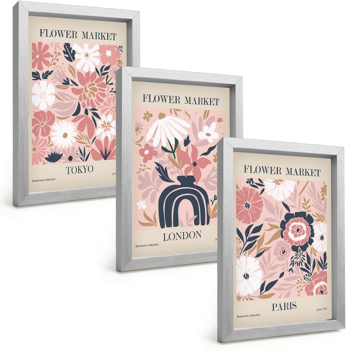 Tulup 4-Delige Schilderij Set - Bloemmotieven in Tokio, Londen en Parijs - 20 x 30 cm - Wanddecoratie - Woonkamer Decoratie - Stijlvolle Muurdecoratie