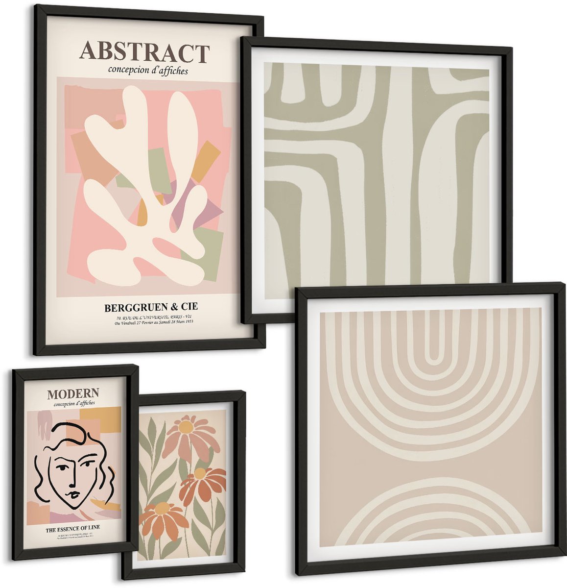 Tulup 4-Delige Schilderij Set - Stijlvolle abstracte composities met plantmotieven - 50 x 50 cm, 20 x 30 cm en 40 x 60 cm - Muurdecoratie - Decoratieve Schilderijen - Wohnzimmer - Stijlvolle Muurdecoratie