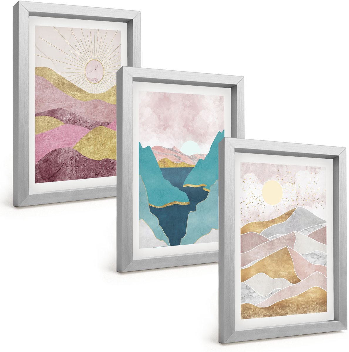 Tulup 4-Delige Schilderij Set - Abstracte landschappen met bergen en zon - 20 x 30 cm - Stijlvolle Wanddecoratie - Interieur - Decoratieve Schilderijen