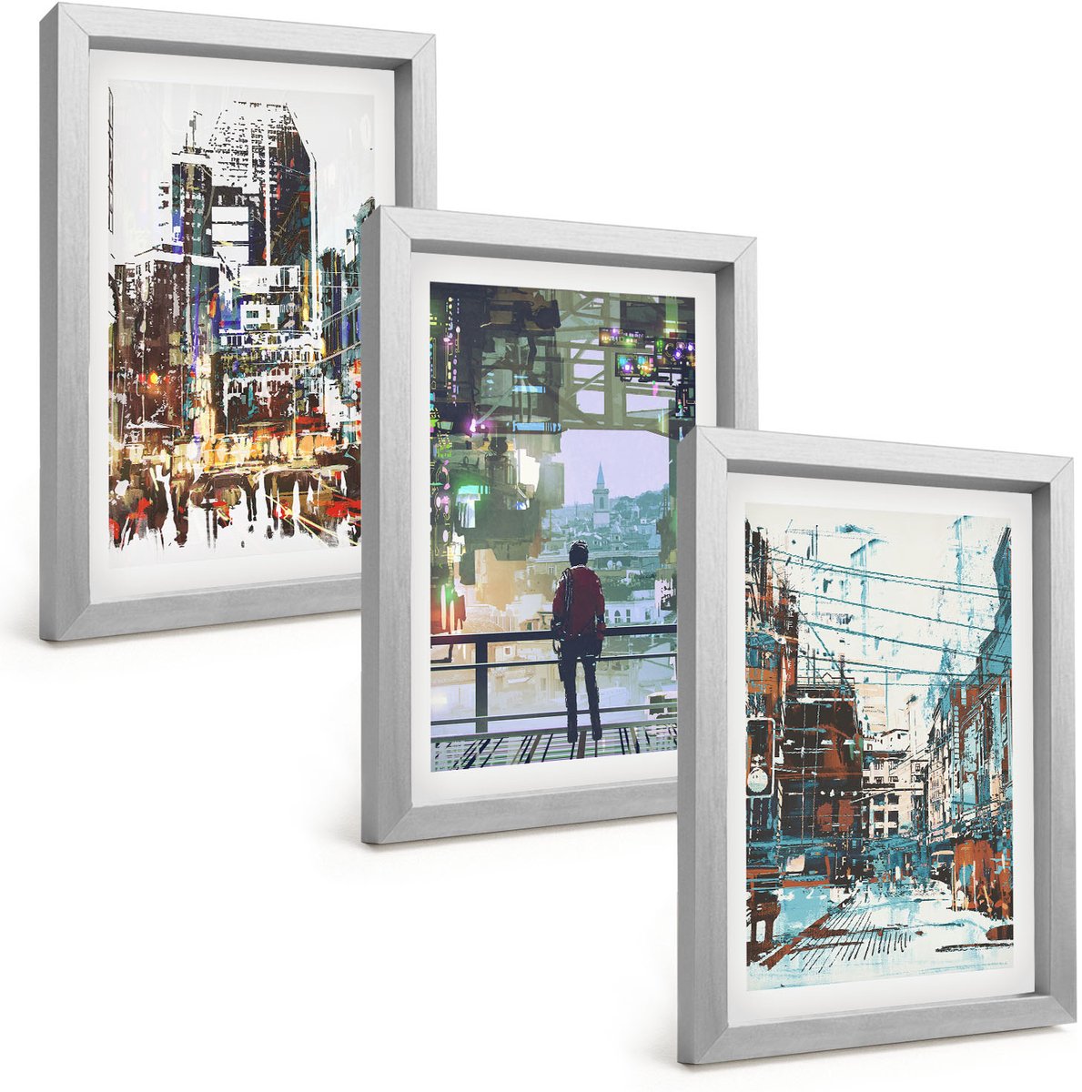Tulup 4-Delige Schilderij Set - Moderne steden in kleur met een figuur op de achtergrond - 20 x 30 cm - Wanddecoratie - Muurdecoratie - Moderne Interieurdecoratie