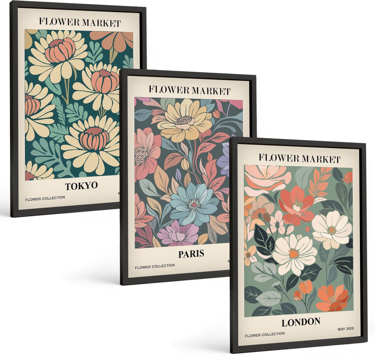 Tulup 4-Delige Schilderij Set - Bloemenposters Tokio Parijs Londen - 40 x 60 cm - Wanddecoratie - Muurdecoratie - Woonkamer - Woonkamer Decoratie