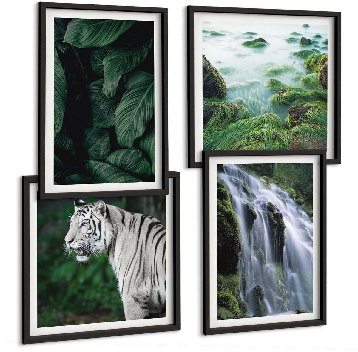 Tulup 4-Delige Schilderij Set - Tijgerwitte bladeren en een waterval in een natuurlijke omgeving - 40 x 40 cm en 40 x 60 cm - Stijlvolle Muurdecoratie - Kantoor - Woonkamer Decoratie