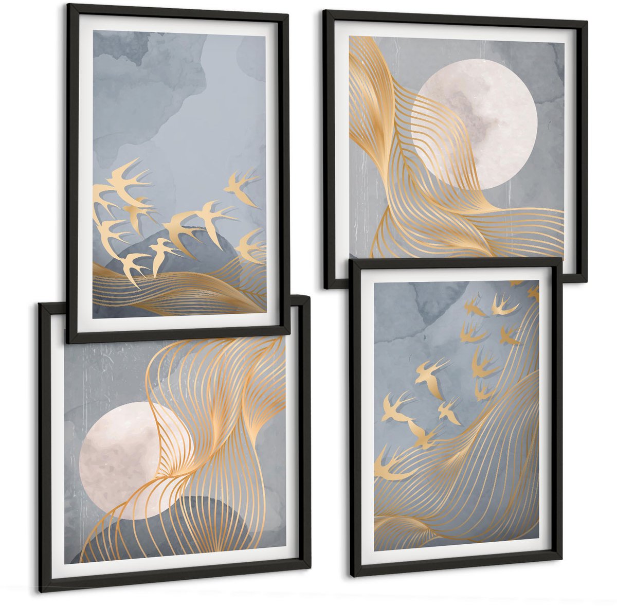 Tulup 4-Delige Schilderij Set - Vogels in vlucht tegen de hemel en de maan. - 40 x 40 cm en 40 x 60 cm - Wanddecoratie - Muurdecoratie - Woonkamer - Decoratieve Schilderijen