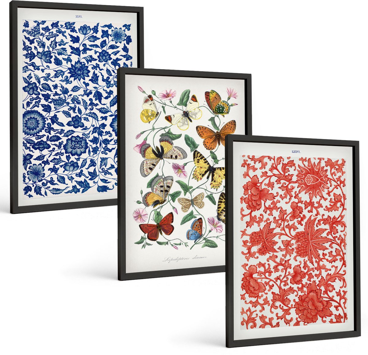Tulup 4-Delige Schilderij Set - Vintage posters met bloemen, vlinders en ornamenten - 40 x 60 cm - Stijlvolle Muurdecoratie - Kantoor