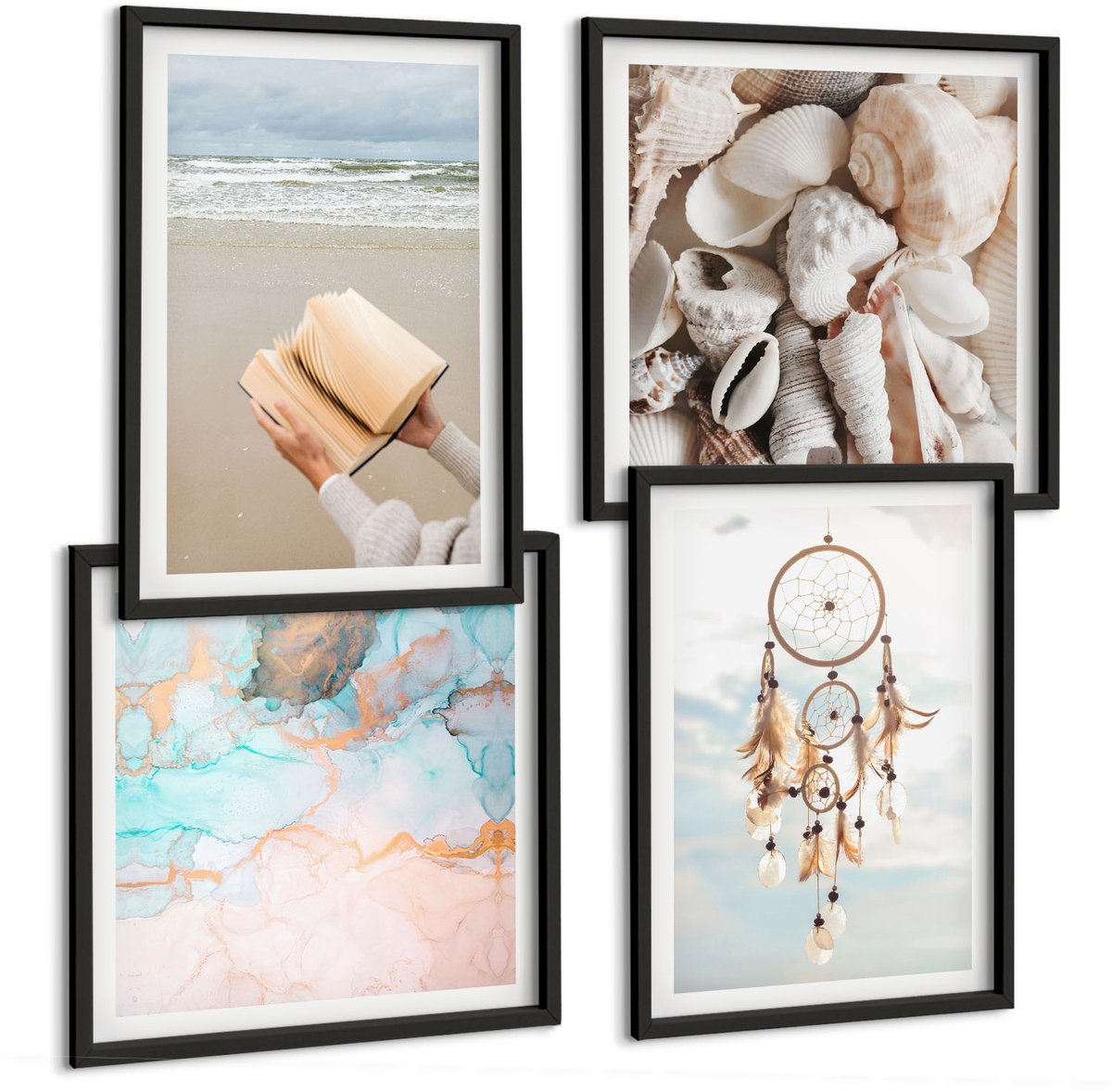 Tulup 4-Delige Schilderij Set - Een leesboek met zeeschelpen en een boho-dromenvanger - 40 x 40 cm en 40 x 60 cm - Decoratieve Schilderijen - Woonkamer - Interieur - Stijlvolle Muurdecoratie