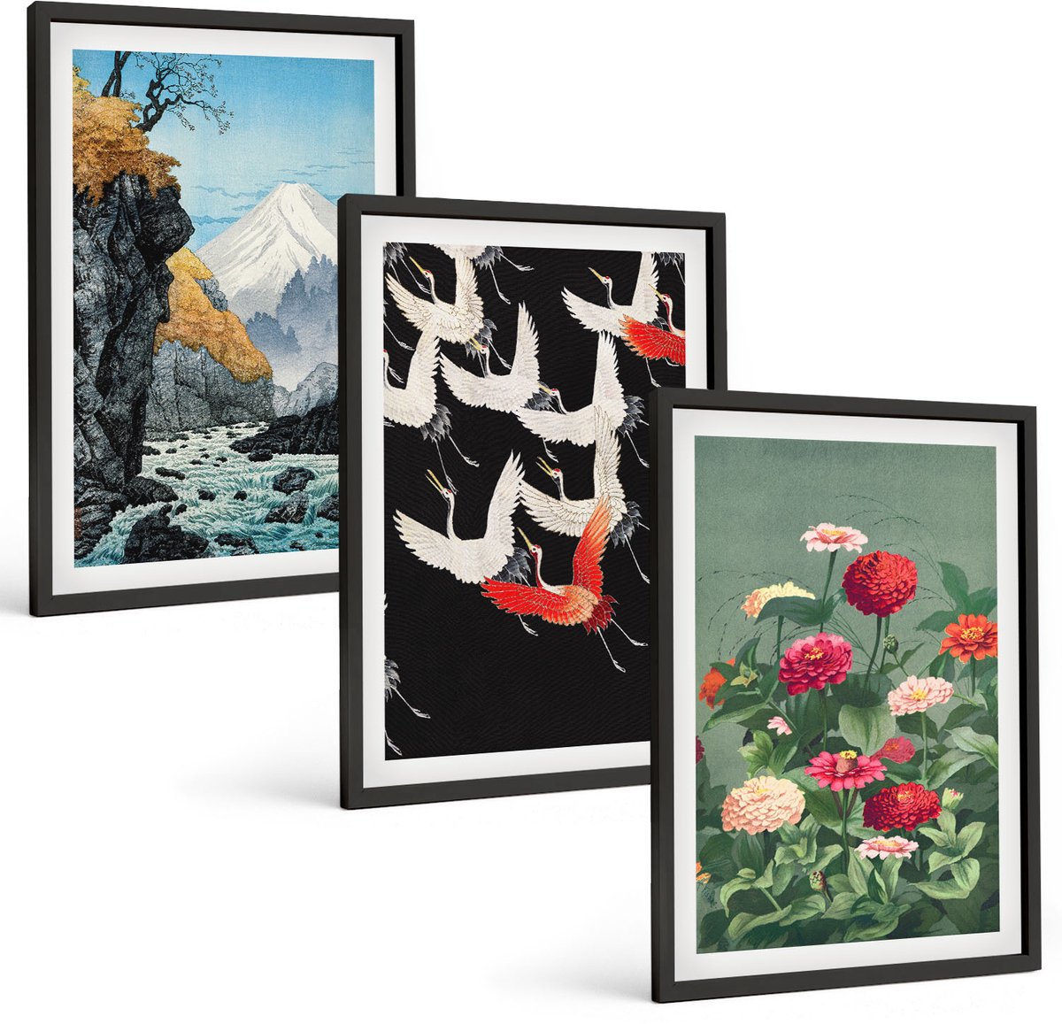 Tulup 4-Delige Schilderij Set - Bergen met een waterval, vogels in vlucht en kleurrijke bloemen - 40 x 60 cm - Muurdecoratie - Interieur Decoratie - Woonkamer Decoratie