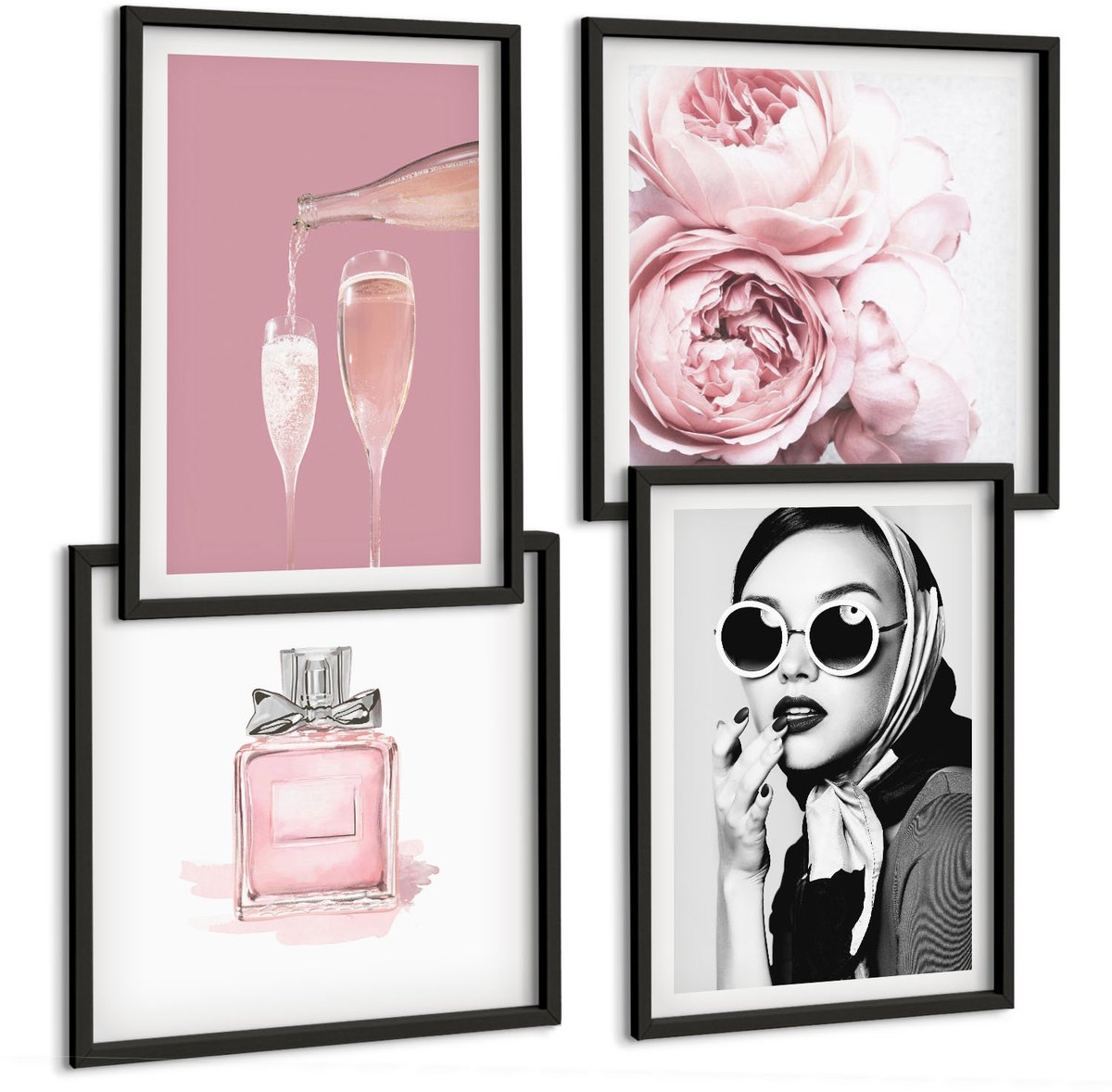 Tulup 4-Delige Schilderij Set - Stijlvolle vrouwelijke accessoires in roze tinten - 40 x 40 cm en 40 x 60 cm - Wanddecoratie - Muurdecoratie - Woonkamer - Decoratieve Schilderijen