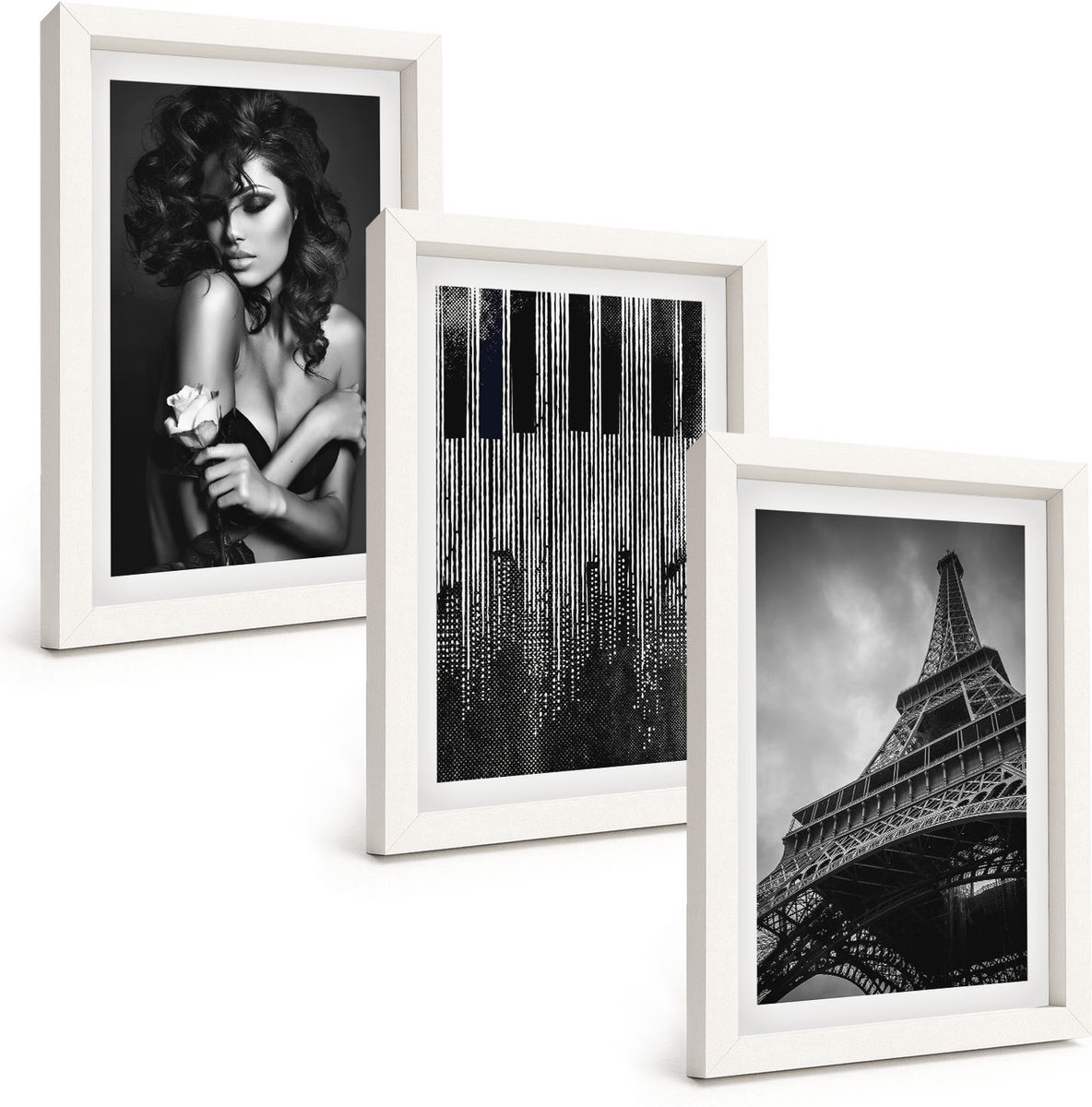 Tulup 3-Delige Schilderij Set - Portret van een vrouw met een roos, de Eiffeltoren en een pianopatroon - 20x30 - Schilderijen Set - Wanddecoratie - Woonkamer - Moderne Wanddecoratie