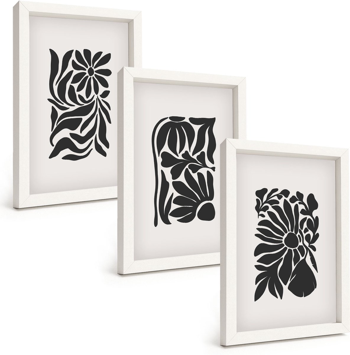 Tulup 3-Delige Schilderij Set - Abstracte plantpatronen in zwarttinten - 20x30 - Muurdecoratie - Wanddecoratie - Hal - Woonkamer Decoratie