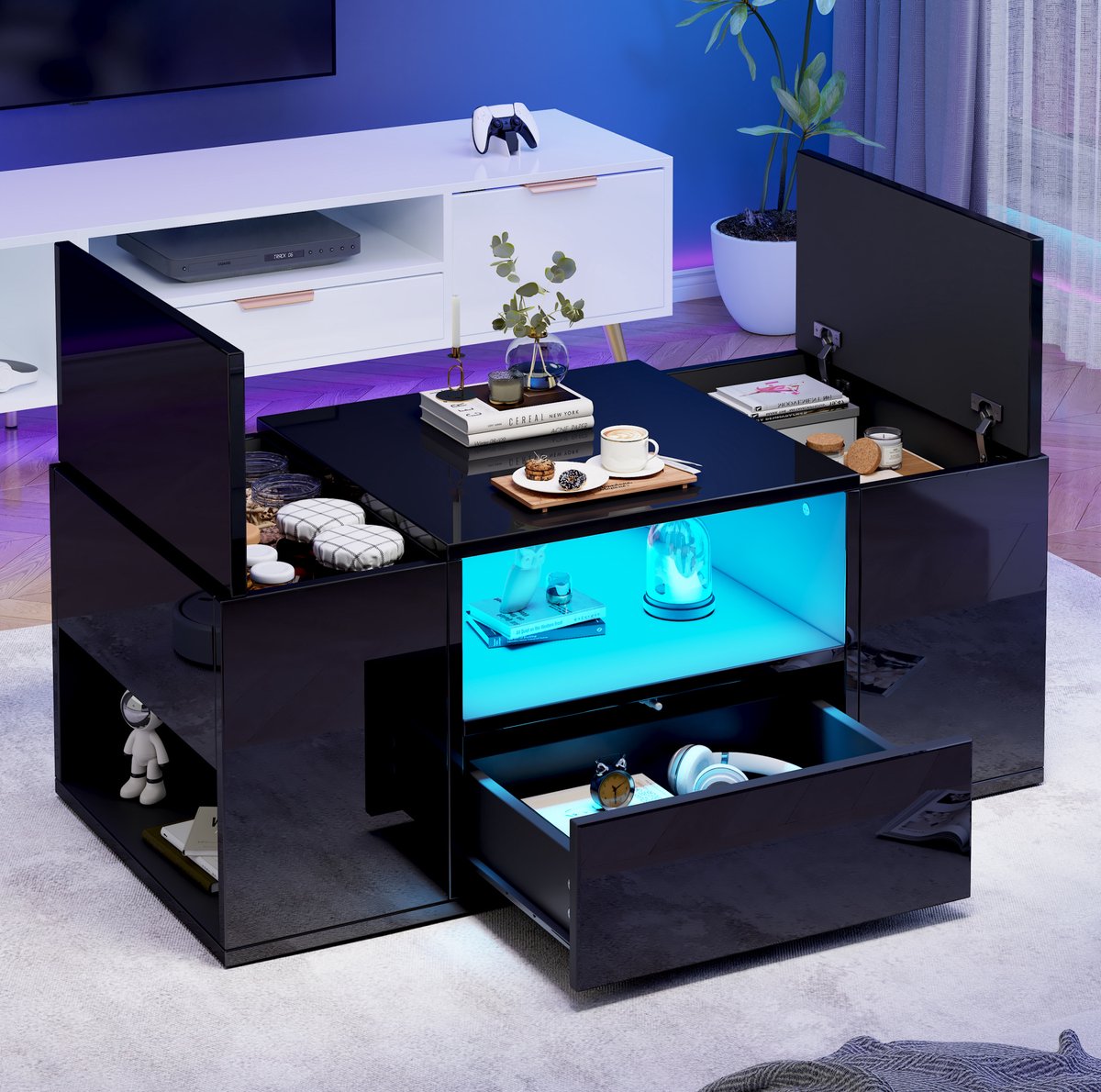 MODENUIT Salontafel - Hoogglans Zwart Met LED En Lade - Woonkamer Met Opbergruimte - Spaanplaat - 100x50x40 Cm