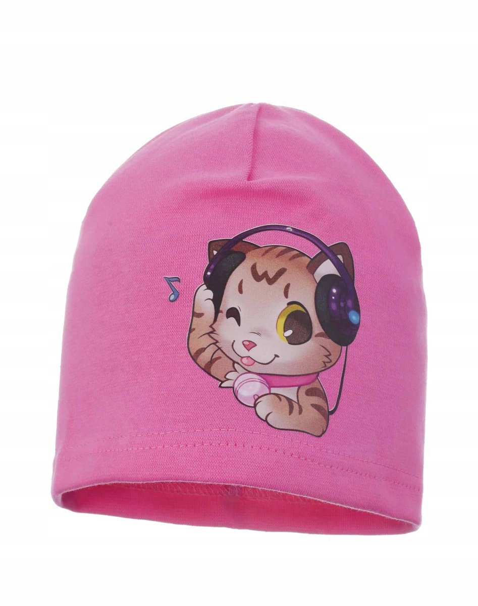 Meisjes katoenen mutsje met kat en koptelefoon, roze, maat 44/48