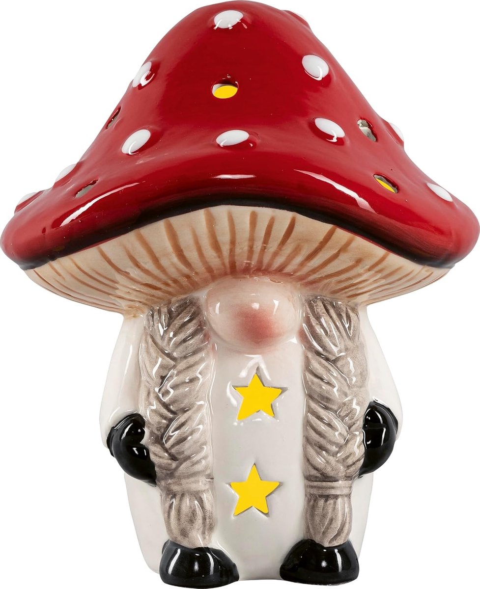 Ceramic LED Gnome with Braids - Luminous Decorative Figure - for Batteries, 12 x 13 cm (Diameter x H) - ShopVlot