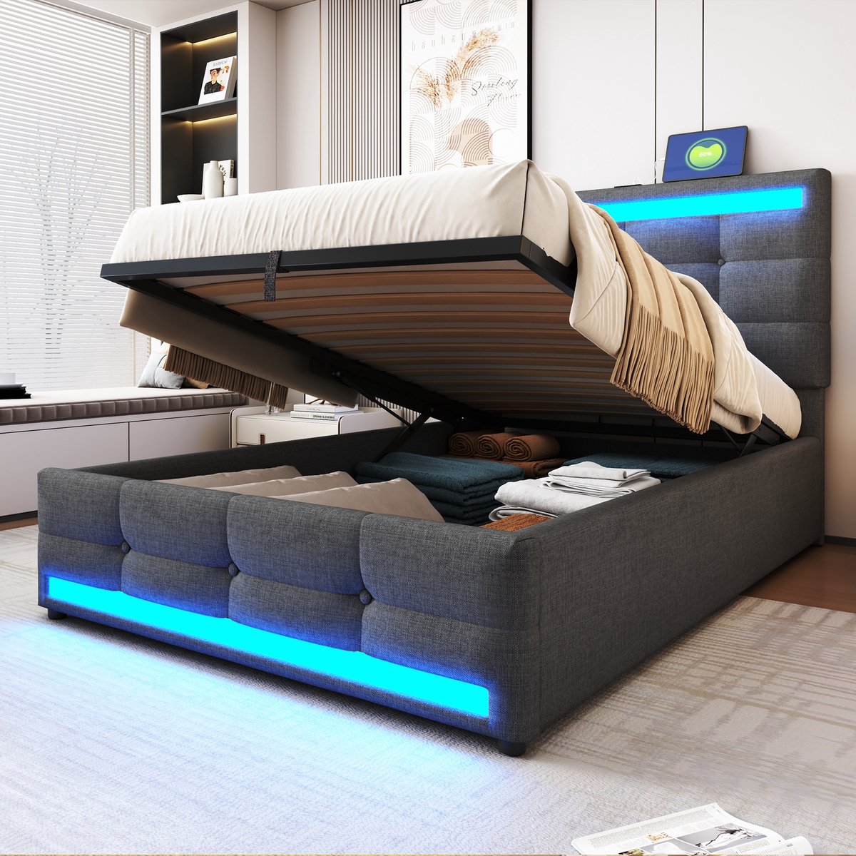 Sweiko Eenpersoonsbed - 90 x 200 cm - Opbergruimte - USB-aansluiting - LED-lichtstrip - Linnen - Grijs