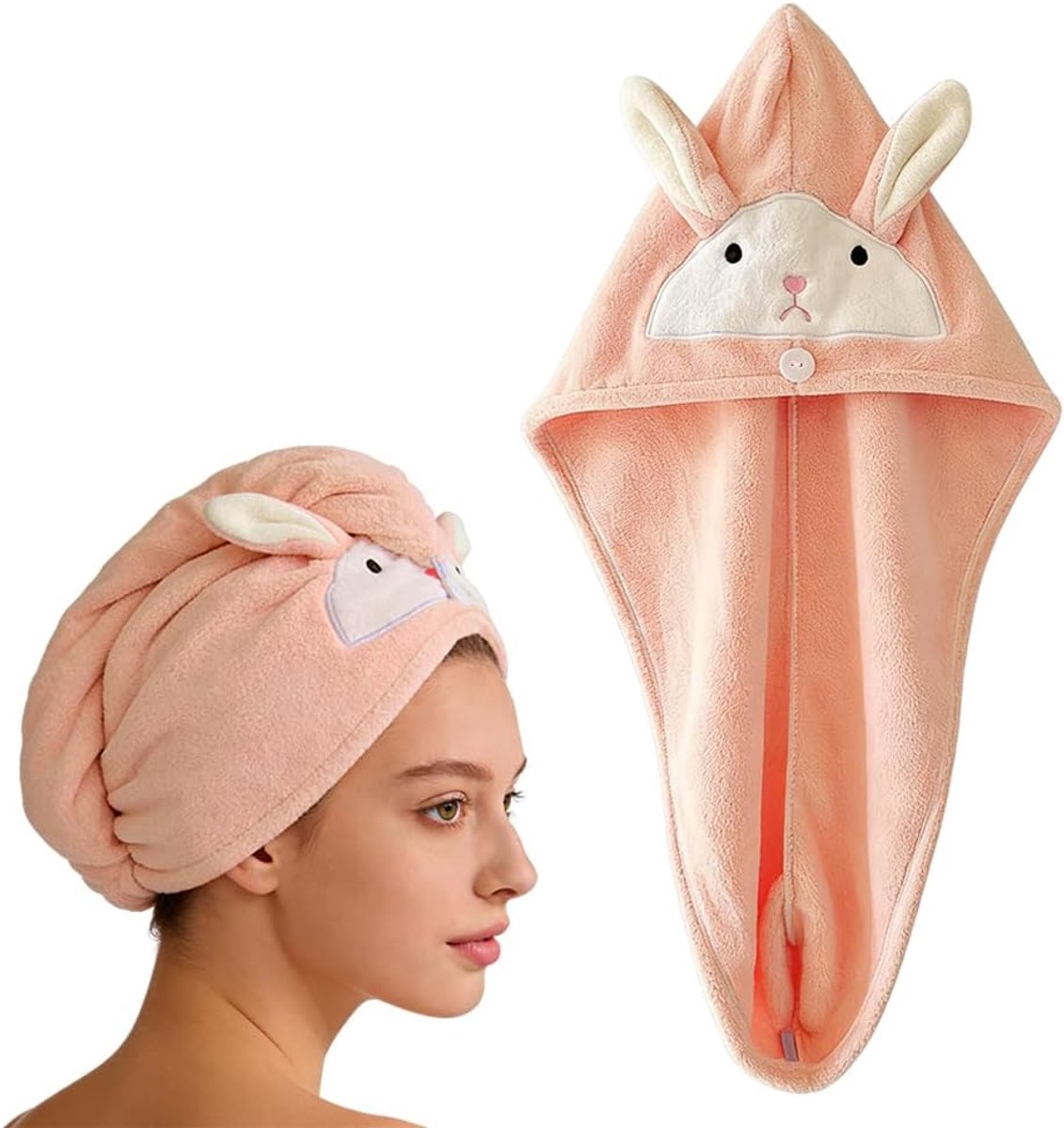 Cute Rabbit Shaped Hair Drying Towel Wrap, Button Fastened Coral Fleece Soft Head Towel, Cute Hair Towel for Kids - ShopVlot