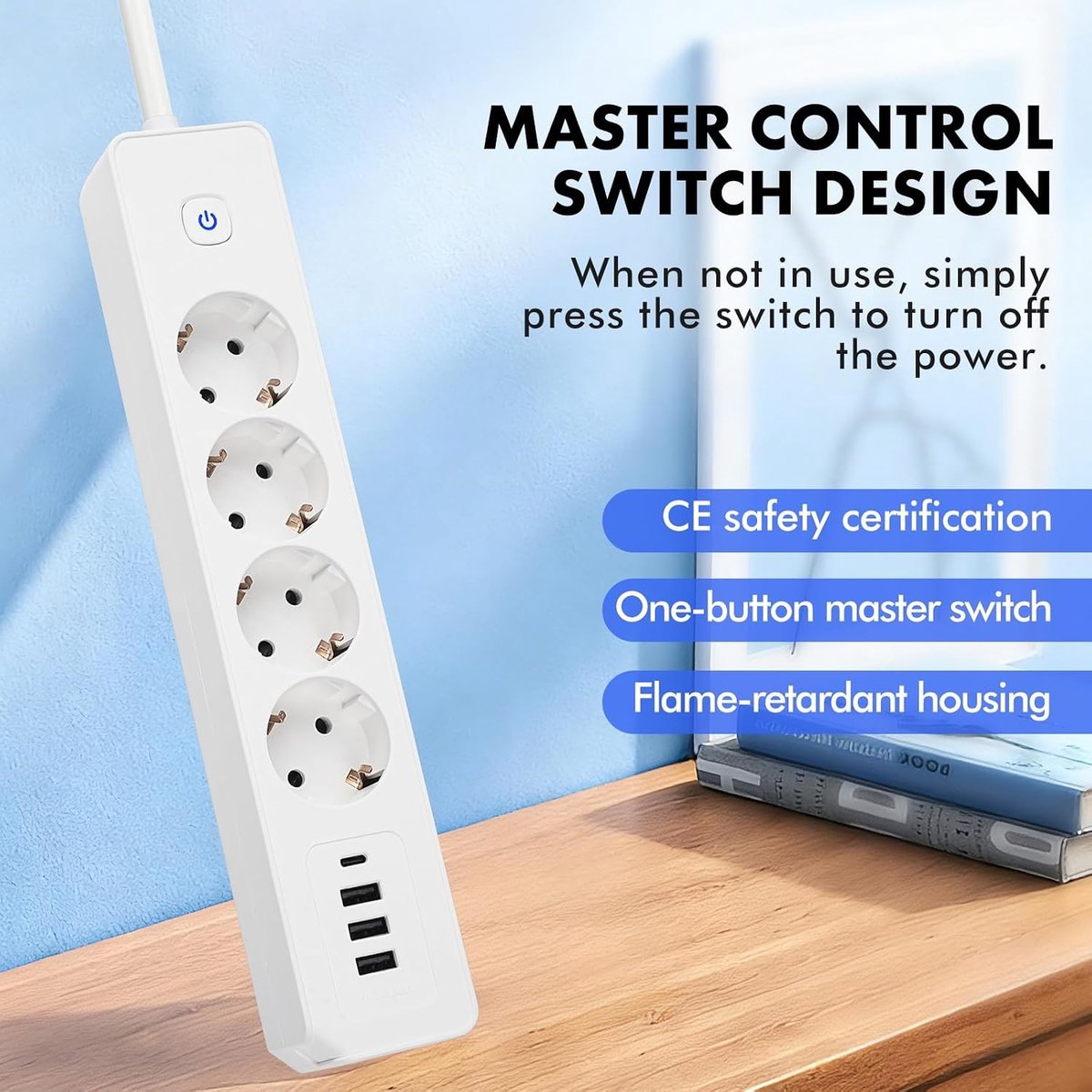 DEWIN 4-voudige stekkerdoos, meervoudig stopcontact 4-voudig stopcontact 3 USB 1 USB-C met schakelaar for - ShopVlot