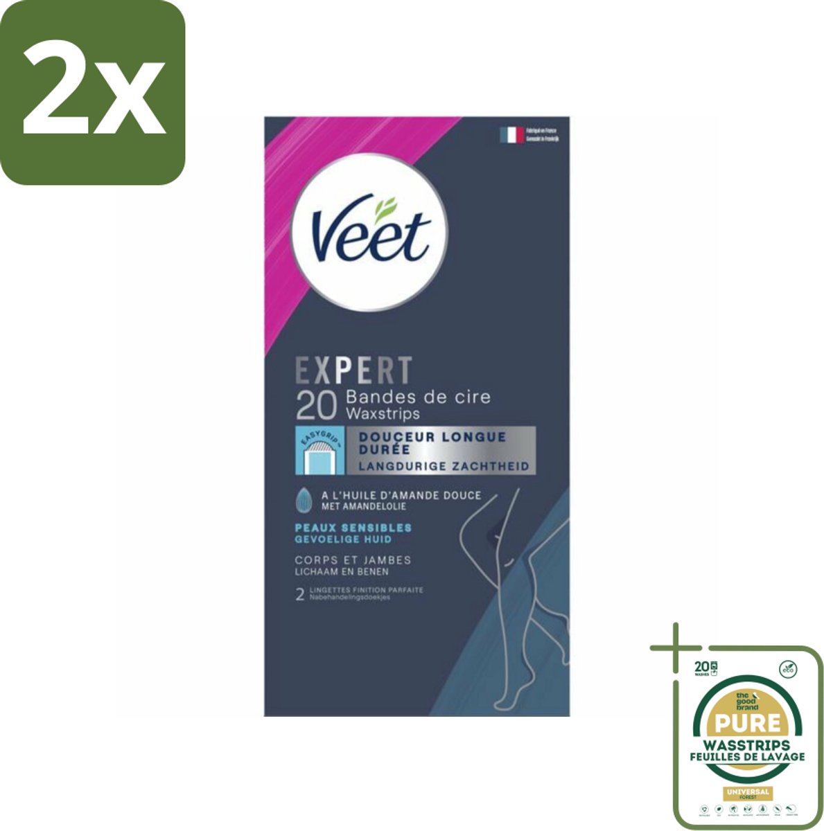 Veet Expert - Ontharingsstrips - Lichaam & Benen - Gevoelige Huid - 20 strips - Voordeelverpakking - 2 stuks - Ontharing lichaam - Gevoelige huid