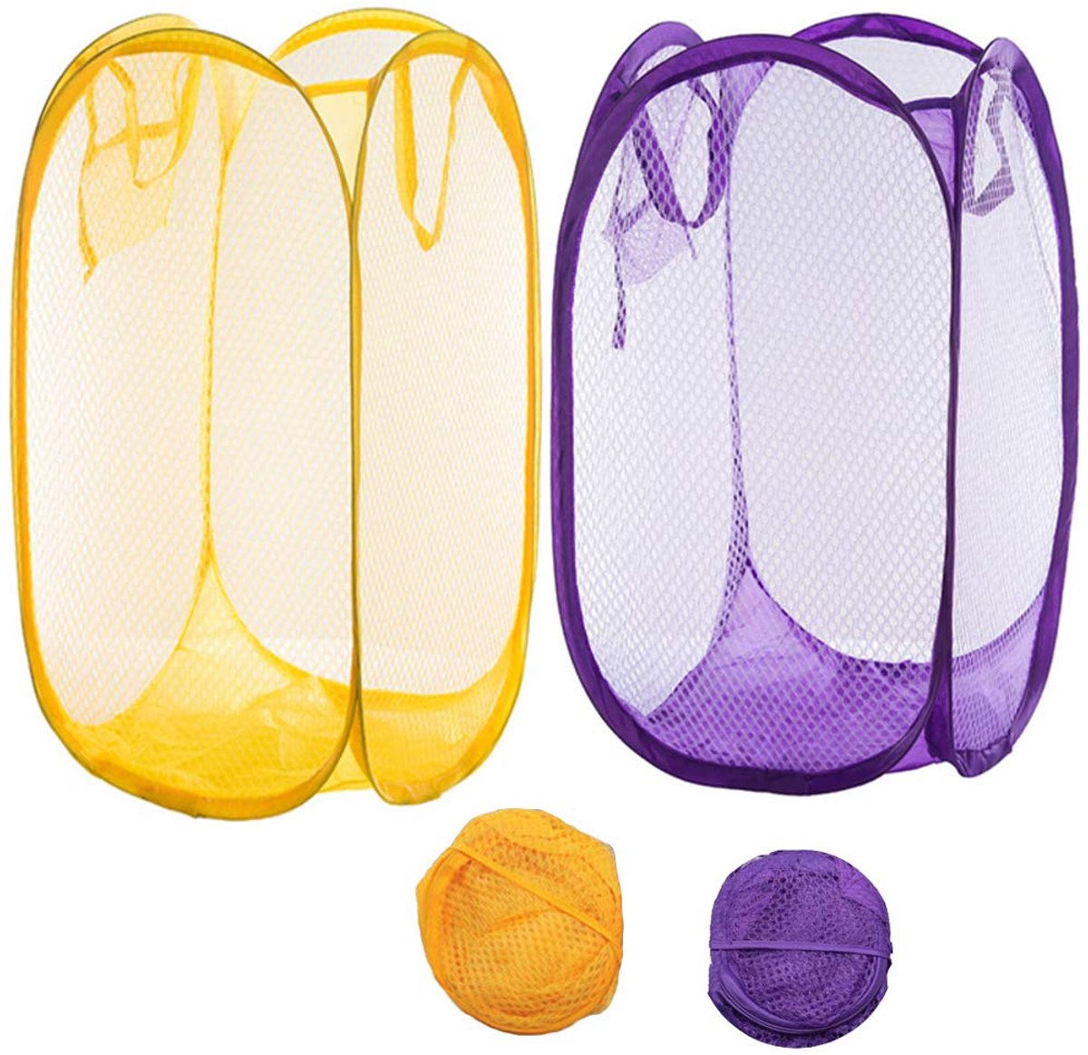 Wasmand opvouwbaar 2 pack - mesh stof - geel + paars - ideaal voor slaapzaal en reizen - ShopVlot