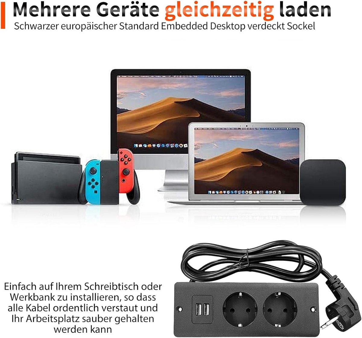 Inbouw Stopcontact met 2 USB - Zwart - 16 x 6 x 4,5 cm - Intrekbare Stekkerdoos met 1,6 m Kabel - Voor Thuis en Kantoor