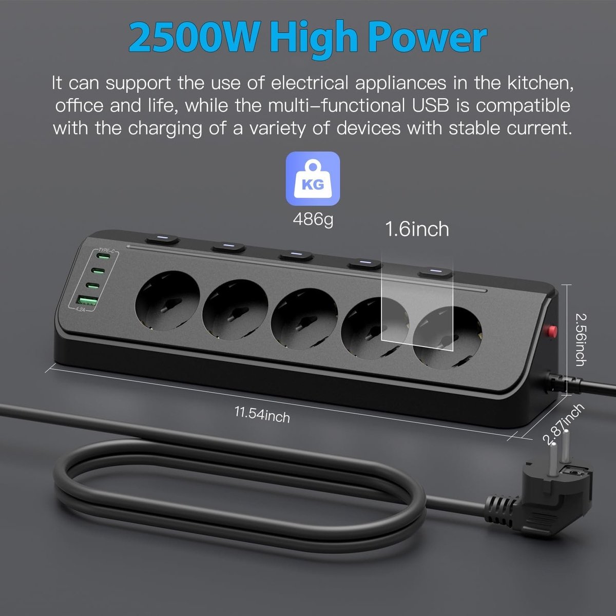 Stekkerdoos met USB - Zwart - 9-in-1 Tafelstopcontact met Klem - Voor Thuis, Kantoor en Keuken