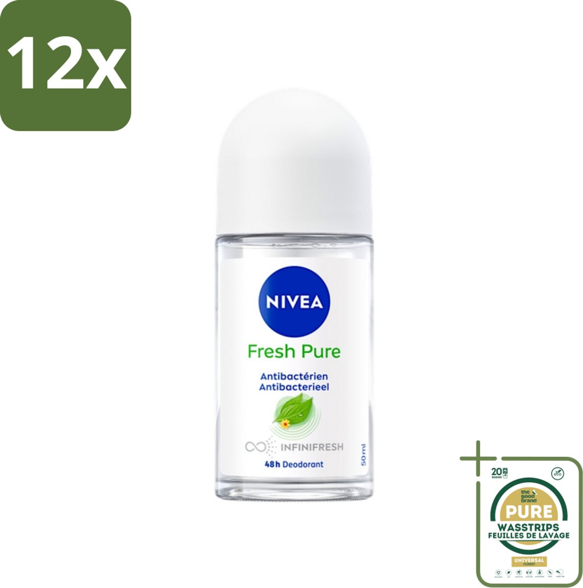NIVEA - Deodorant Roller - Frisse Puurheid - Antibacterieel - 48 Uur Werking - 50 ml - Voordeelverpakking - 12 stuks - Deodorant 50 ml - Antitranspirant