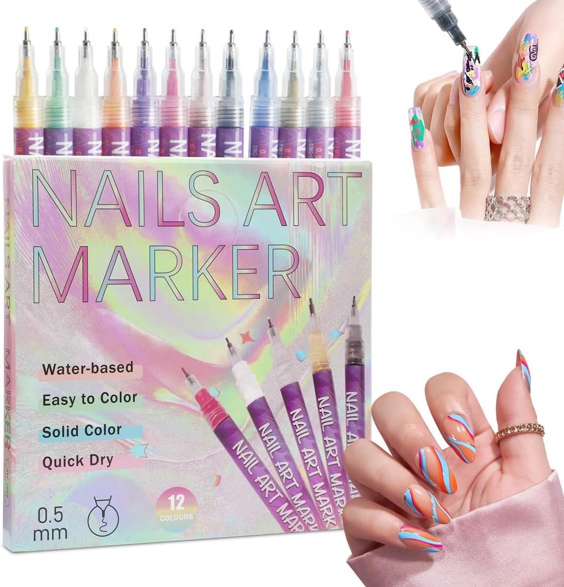 12 stuks 3D nail art pen, 0,5 mm nagellakstiften, pen voor doe-het-zelf schilderen, graffiti, manicure-gereedschap - ShopVlot