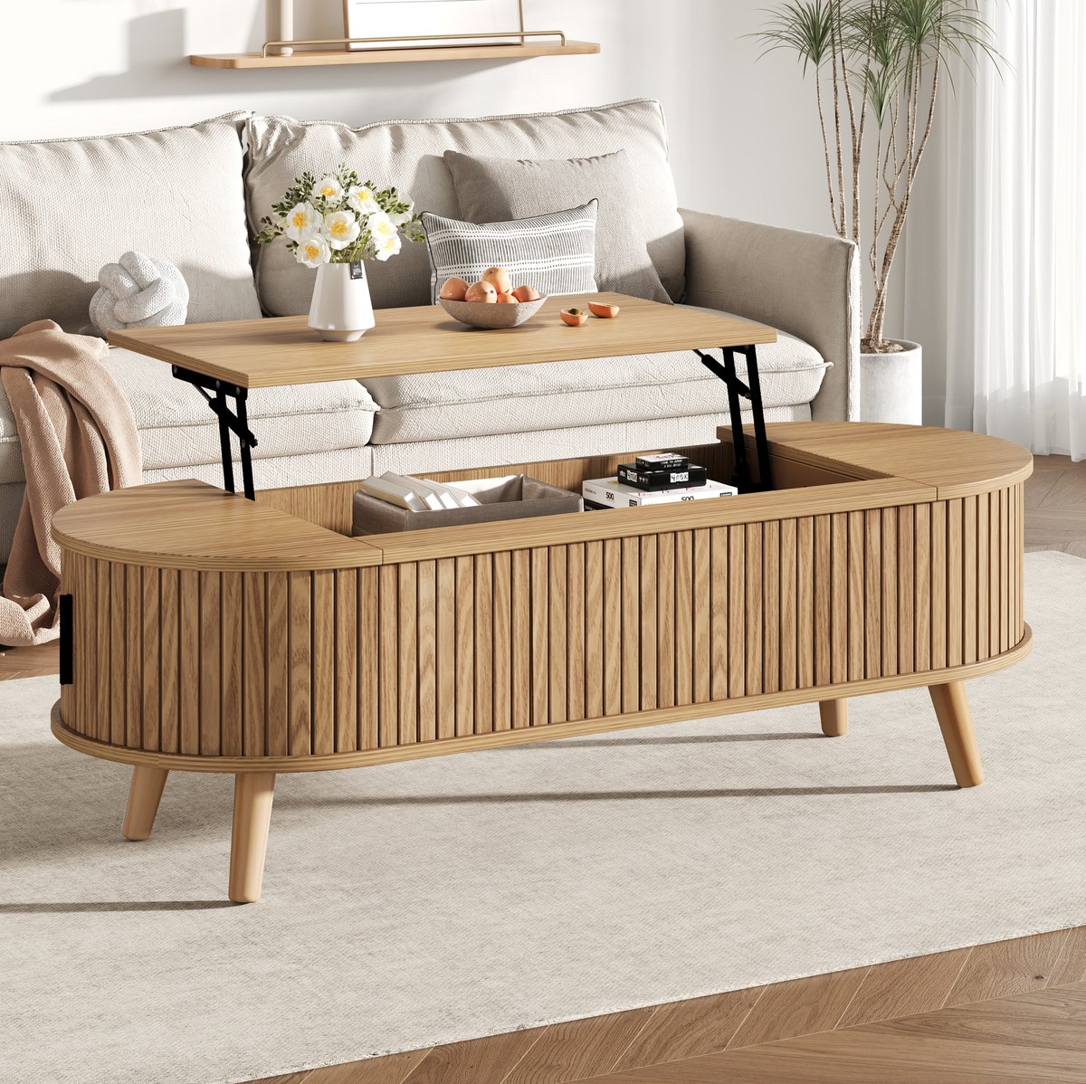 MODENUIT Salontafel - Verstelbare Hoogte En Opbergruimte - Woonkamer - MDF - 120x50x39,5 Cm - Natuurlijk