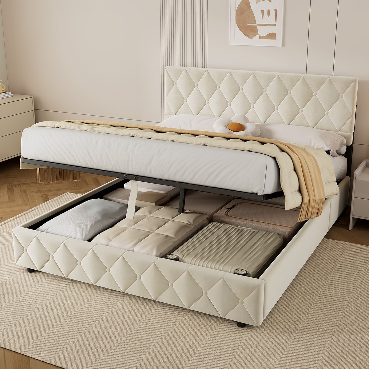 HAUSS SPOLE Gestoffeerd Bed 160x200 cm - Functioneel Bed Met Opbergruimte En Geluidsarme Lattenbodem - Zonder Matras - Fluweel - Beige