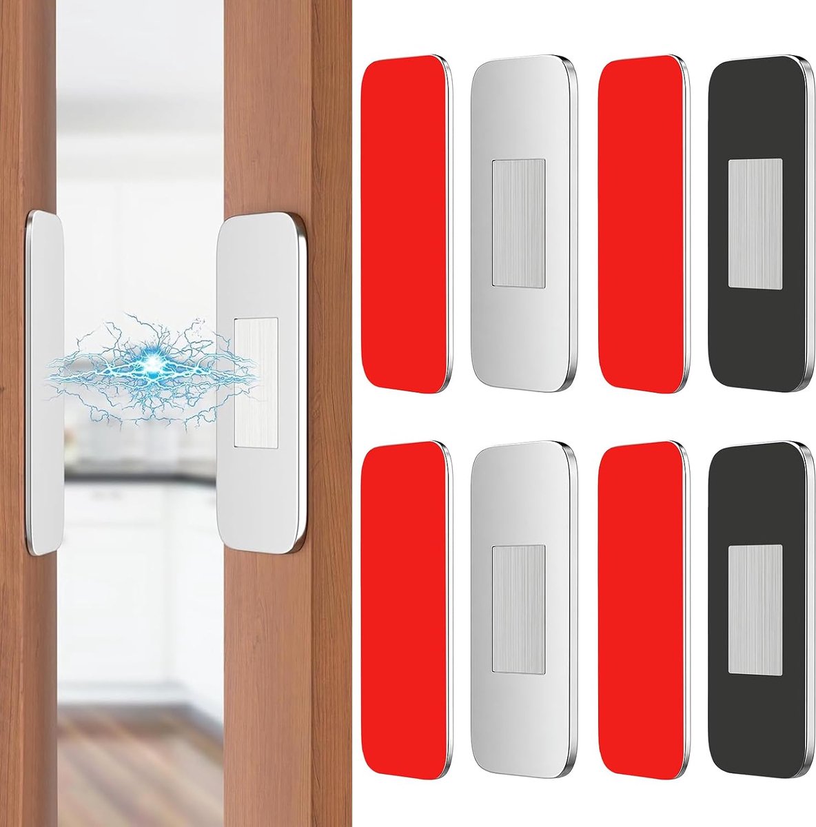 4 Paarden Magnetische Deursluiting, 2 Zilver + 2 Zwart Zelfklevende Kastvergrendeling, Magnetische Druk-om-te-Openen - ShopVlot