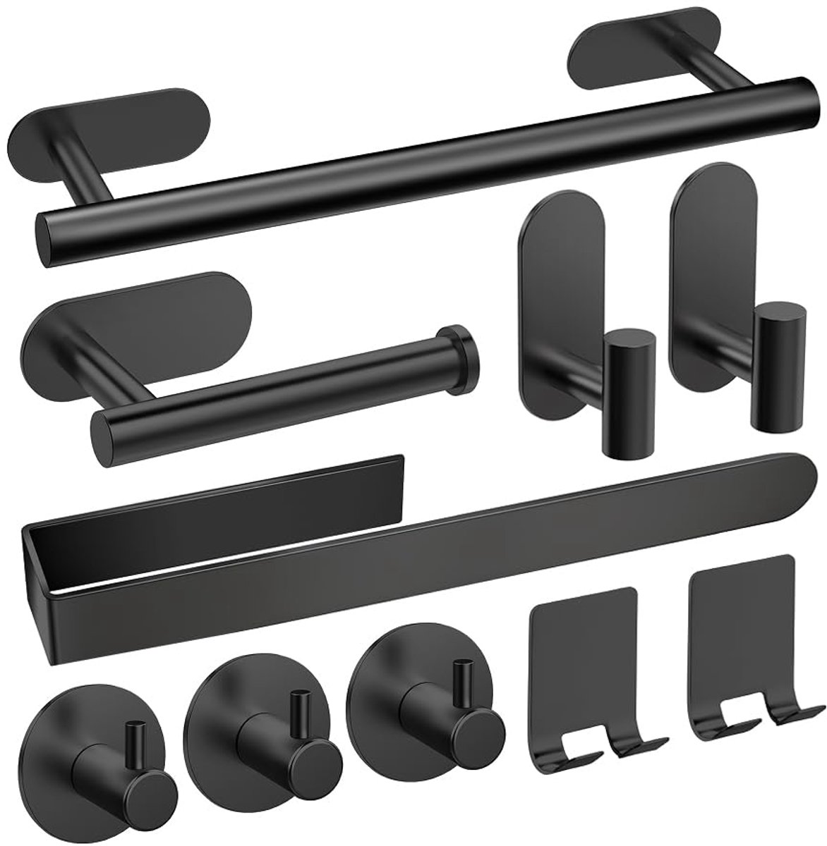 Famanu – Handdoekenrek zonder boren, set van 10 stuks, hoogwaardige roestvrijstalen zelfklevende haken, ideaal voor badkamer, toilet, keuken en kantoor, kleur zwart