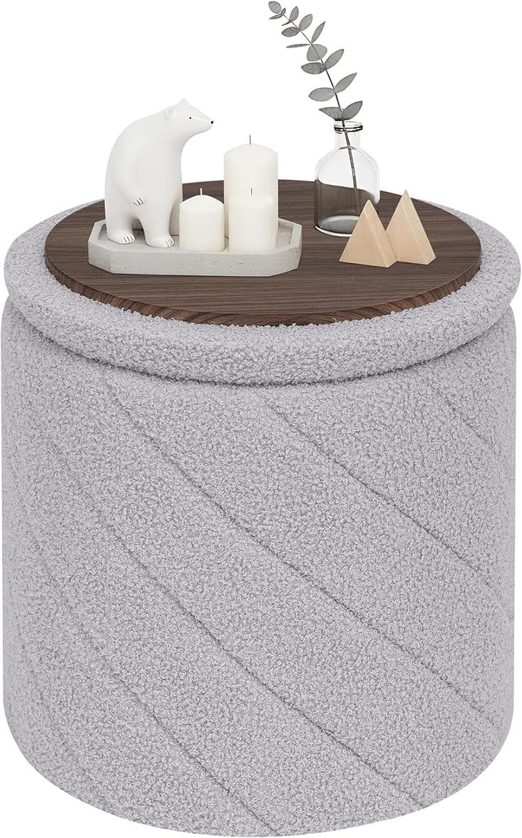 Ronde poef met opbergruimte - teddyfleece - 33x33x35 cm - grijs Gevoerde poef met deksel - inklapbaar - voetenbank - salontafel - ruimtebesparend - voor woonkamer - slaapkamer - make-uptafel