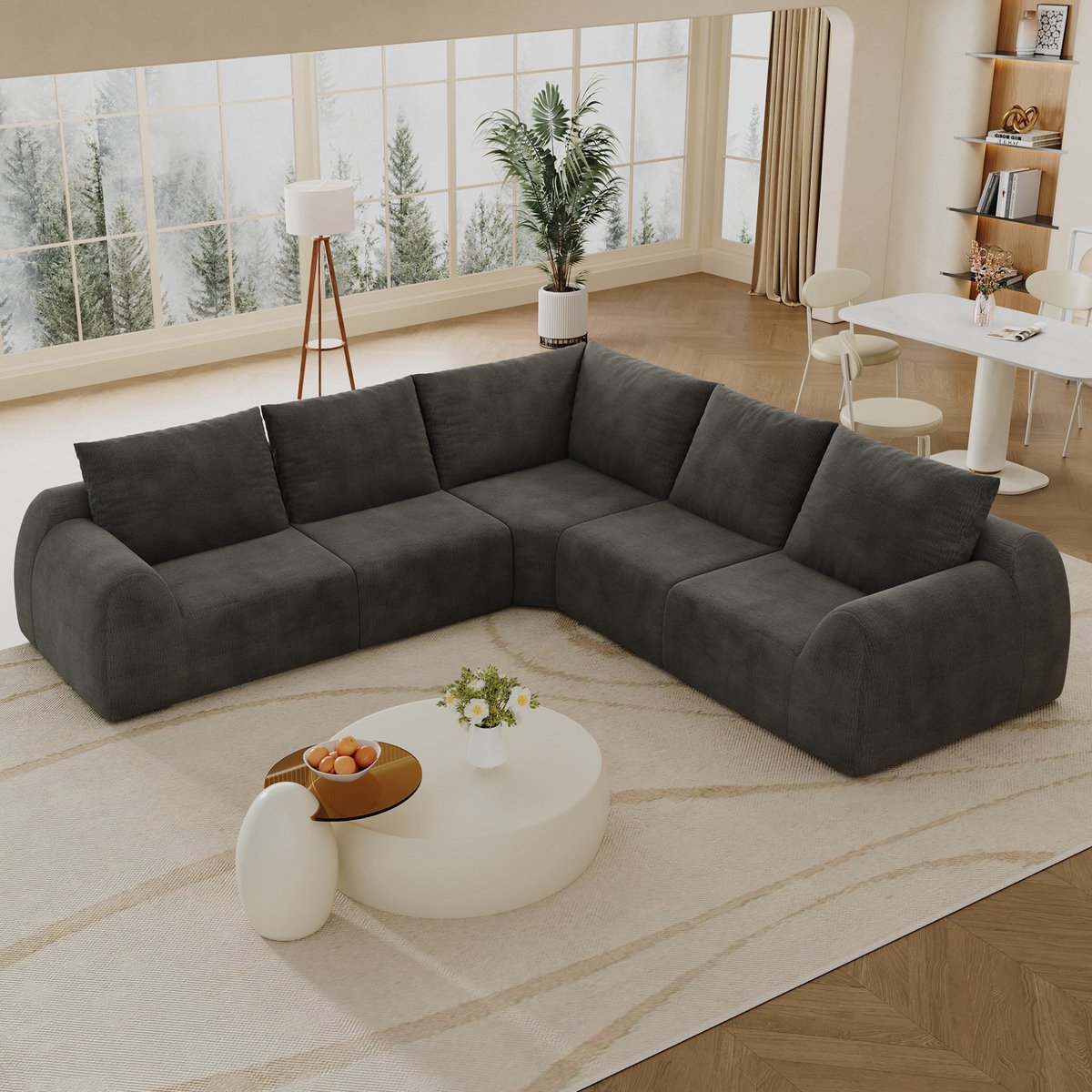 OKWISH U-bank 267 cm – 5-zits Hoekbank met Chenille Bekleding en Hoogelastisch Schuim – Voor Woonkamer – Donkergrijs