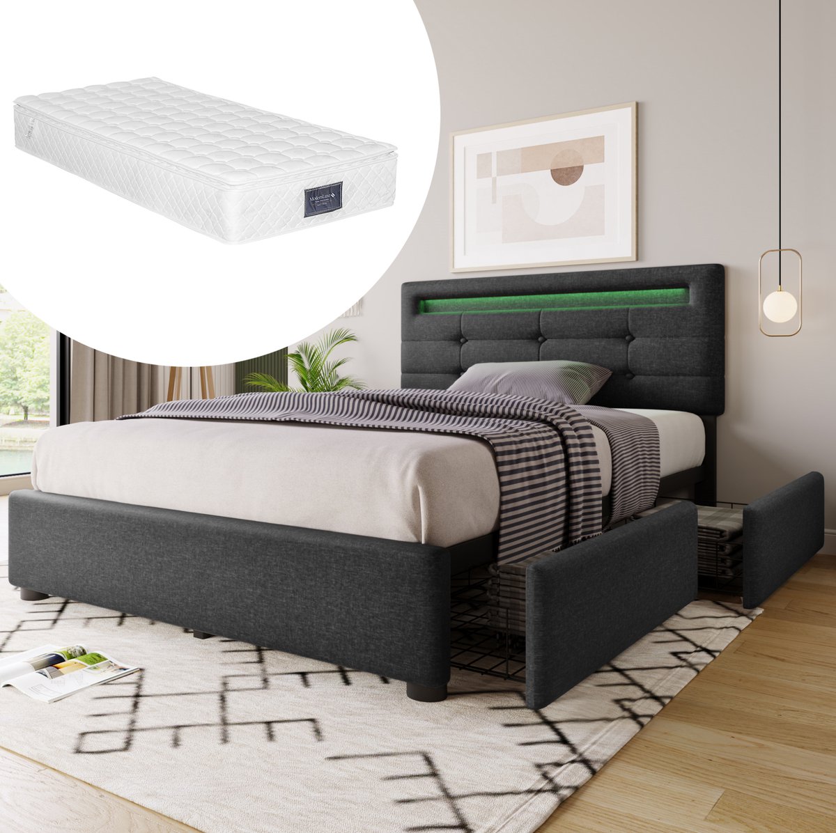 Gestoffeerd Bed 90x200 cm - Eenpersoonsbed Met Ledverlichting En 2 Lades - Verstelbaar Hoofdeinde - Voor Slaapkamer - Stof - Grijs - Met Matras