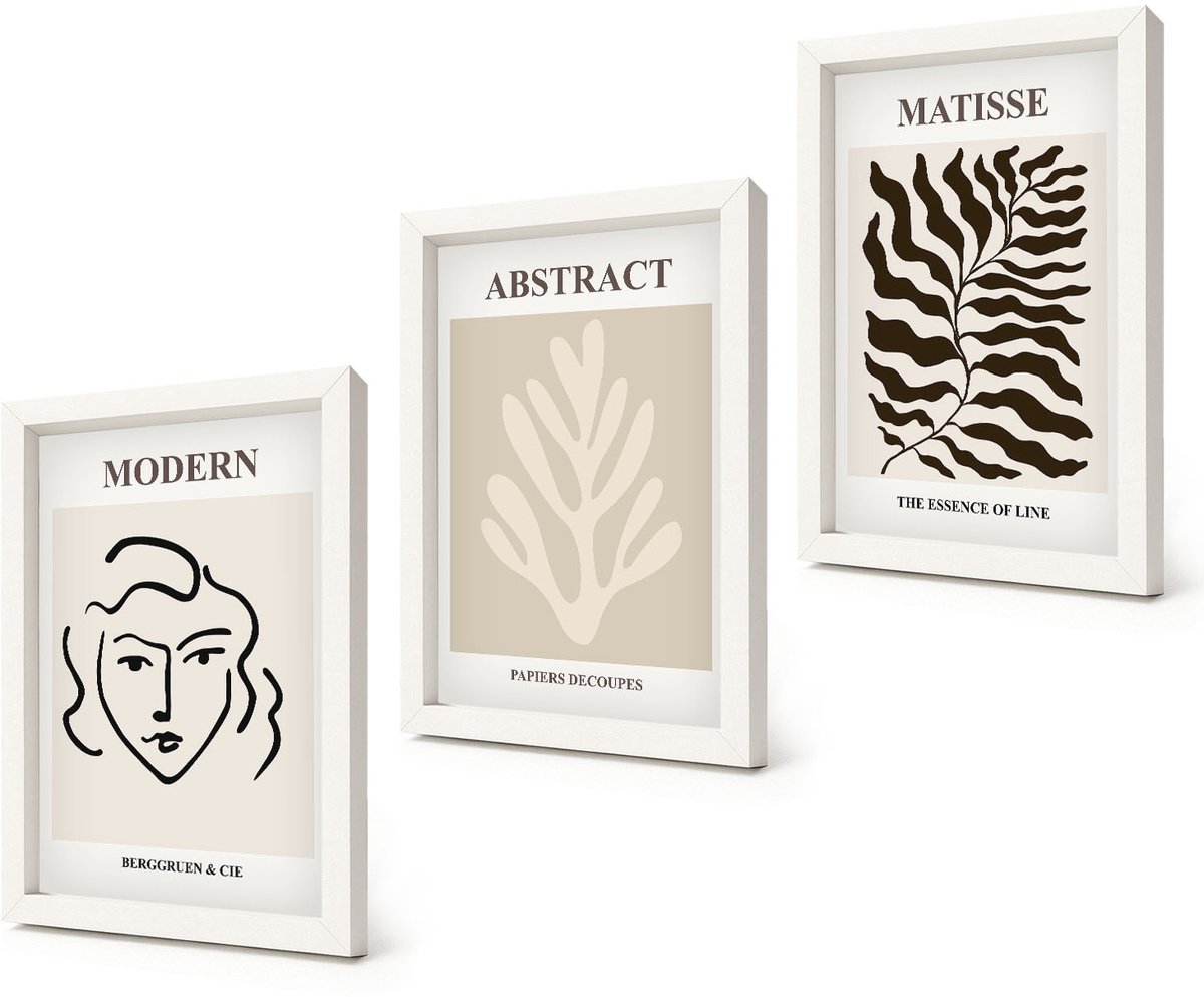 Coloray 3-Delige Schilderij Set - Illustraties van gezichten en bladeren, grafische vormgeving door Henri Matisse - 20x30 - Schilderijen Set - Wanddecoratie - Woonkamer - Moderne Wanddecoratie