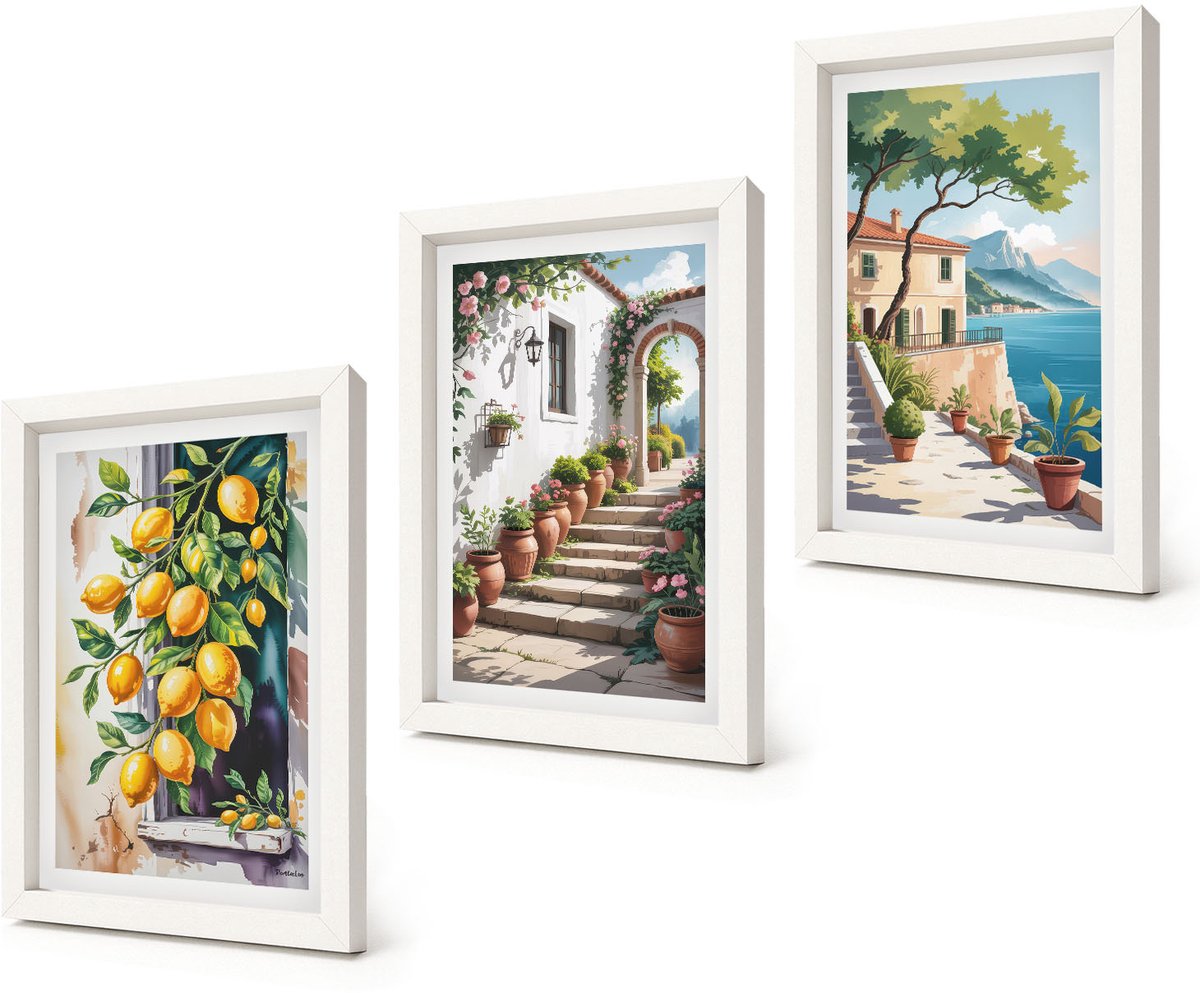 Coloray 3-Delige Schilderij Set - Citroenen tegen een achtergrond van bloemen en uitzicht op zee. - 20x30 - Wanddecoratie - Woonkamer Decoratie - Decoratieve Schilderijen
