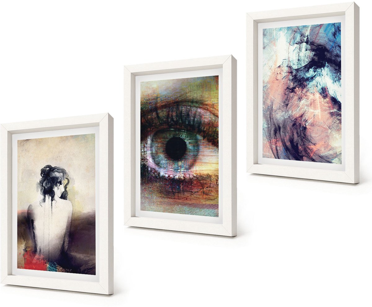 Coloray 3-Delige Schilderij Set - Portret van een vrouwenoog Abstracte kleuren Emoties - 20x30 - Wanddecoratie - Woonkamer Decoratie