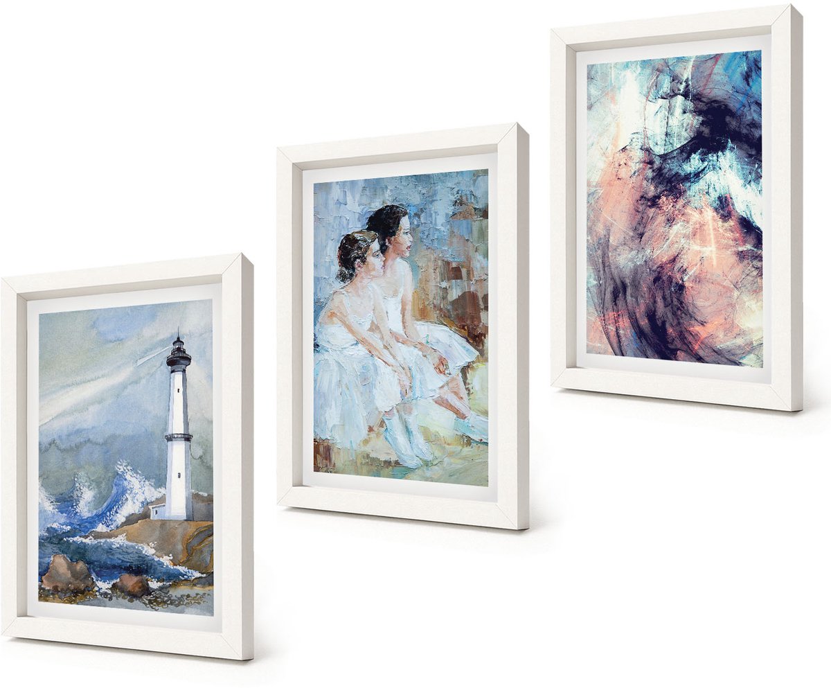 Coloray 3-Delige Schilderij Set - Abstracte geschilderde vuurtoren en dansers - 20x30 - Muurdecoratie - Schilderijen Set - Woonkamer - Stijlvolle Muurdecoratie