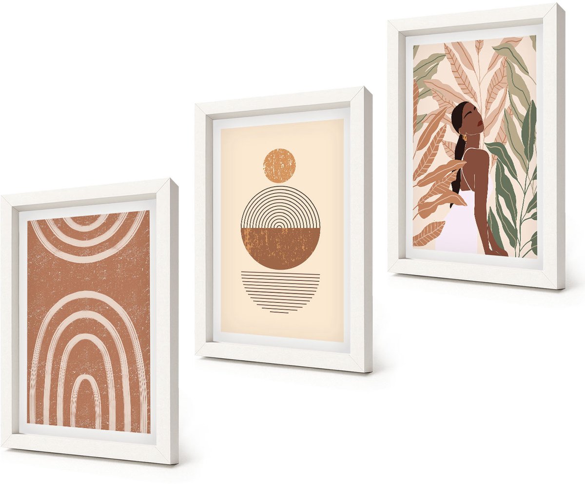 Coloray 3-Delige Schilderij Set - Stijlvolle patronen met plantmotieven en geometrische vormen. - 20x30 - Muurdecoratie - Decoratieve Schilderijen - Wohnzimmer - Wanddecoratie