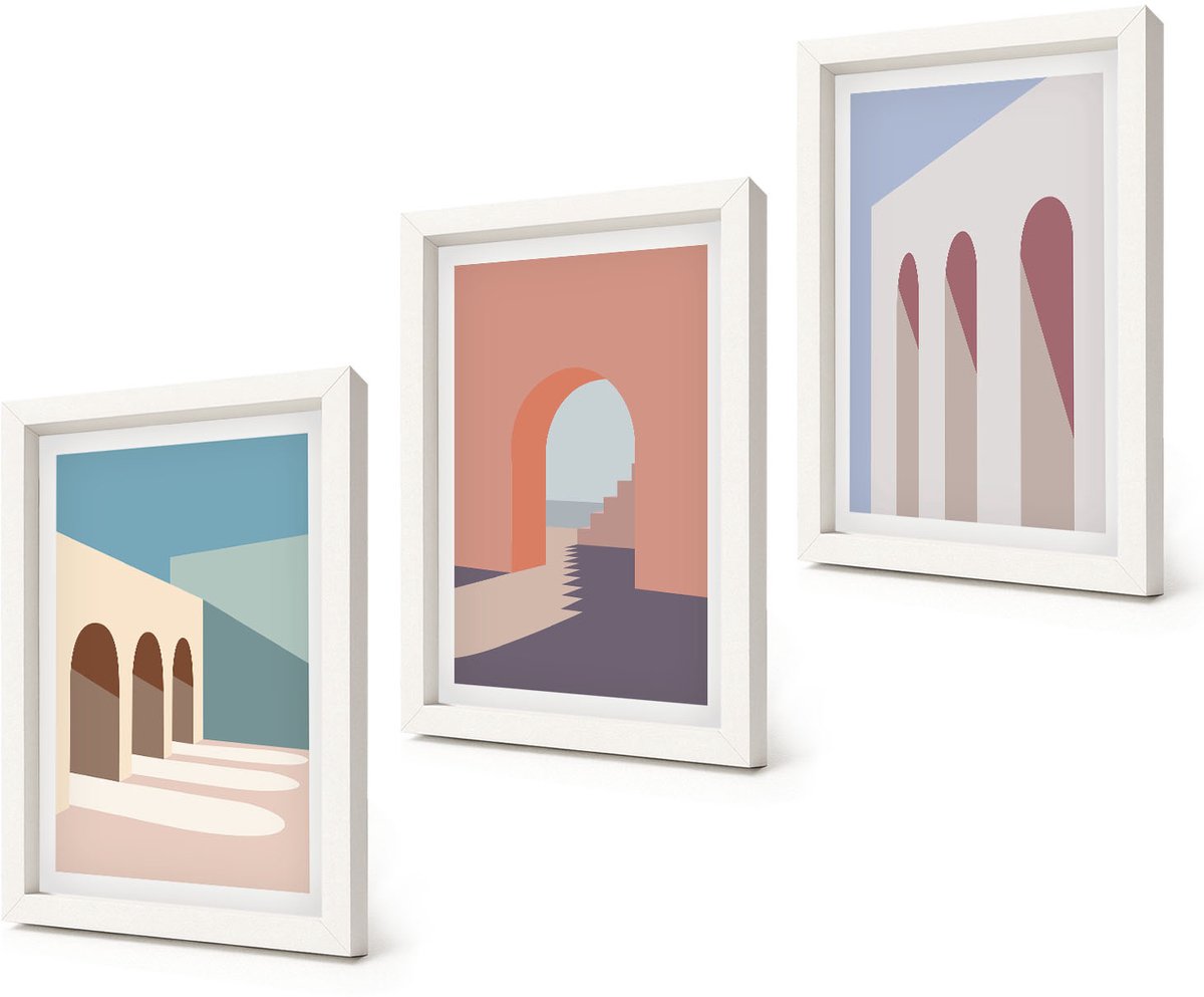 Coloray 3-Delige Schilderij Set - Pastel minimalistische stedelijke architectuurafbeeldingen - 20x30 - Stijlvolle Muurdecoratie - Slaapkamer - Interieur Decoratie