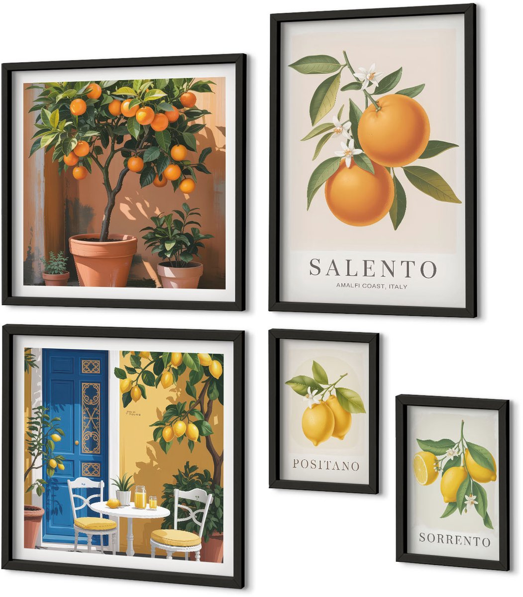 Coloray 5-Delige Schilderij Set - Fruitinspiratie Uit Italië In Provençaalse En Rustieke Stijl - 50 x 50 cm, 20 x 30 cm En 40 x 60 cm - Stijlvolle Muurdecoratie - Slaapkamer Zwarte lijst