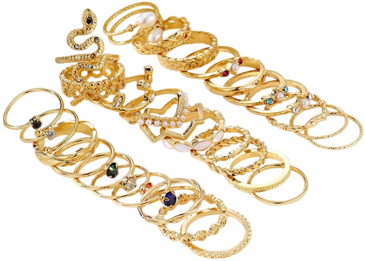 GlamRays Gold Knöchelringe Set A voor vrouwen, Modieuze vinger ringen set, Perfect om te stapelen en te combineren - ShopVlot