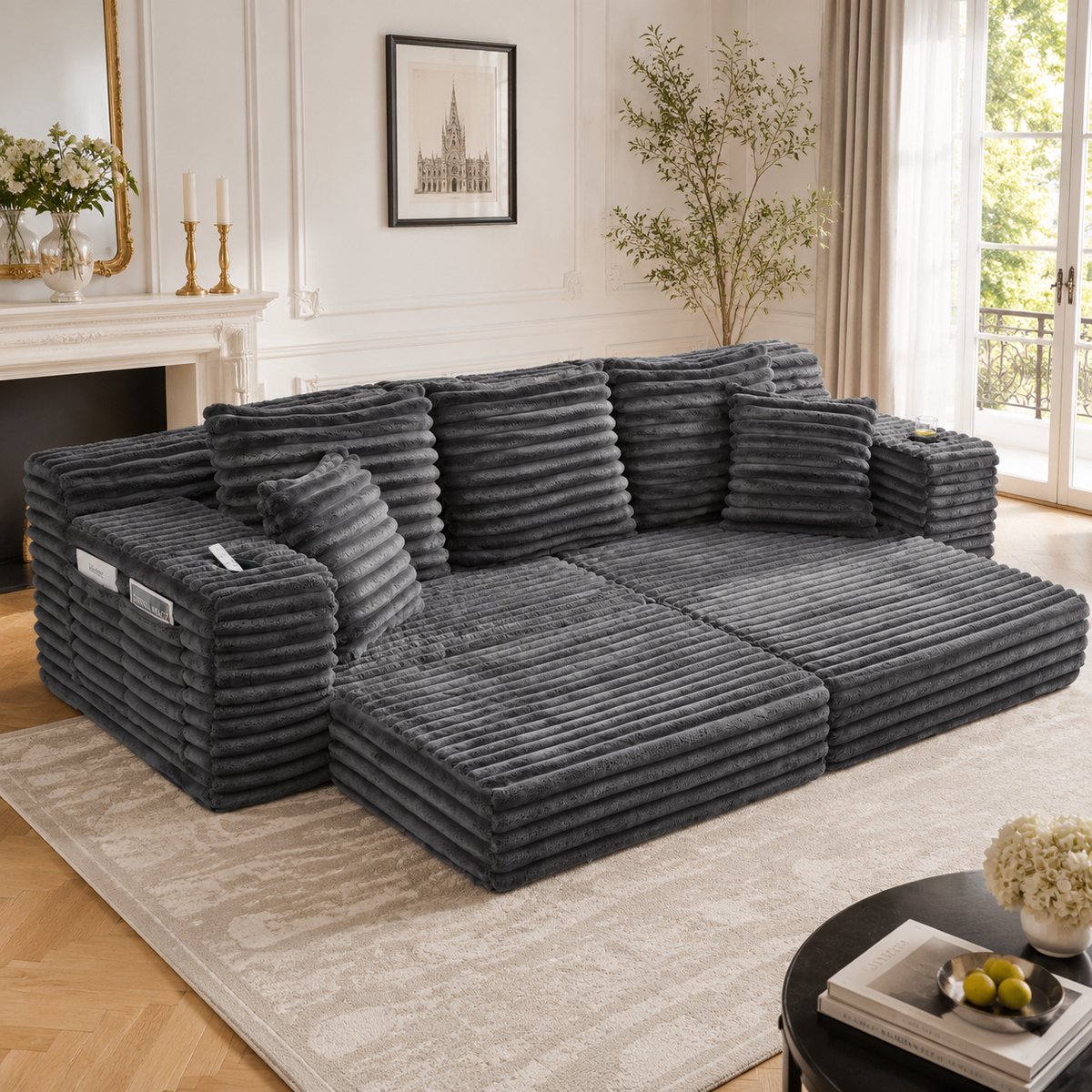 Corduroy compressiebank met slaapfunctie - Geschikt voor woonkamer, logeerbed - 3-zits - Donkergrijs - Hoge rugleuning, extra kussens - Zijvakken en bekerhouders - Geen montage nodig